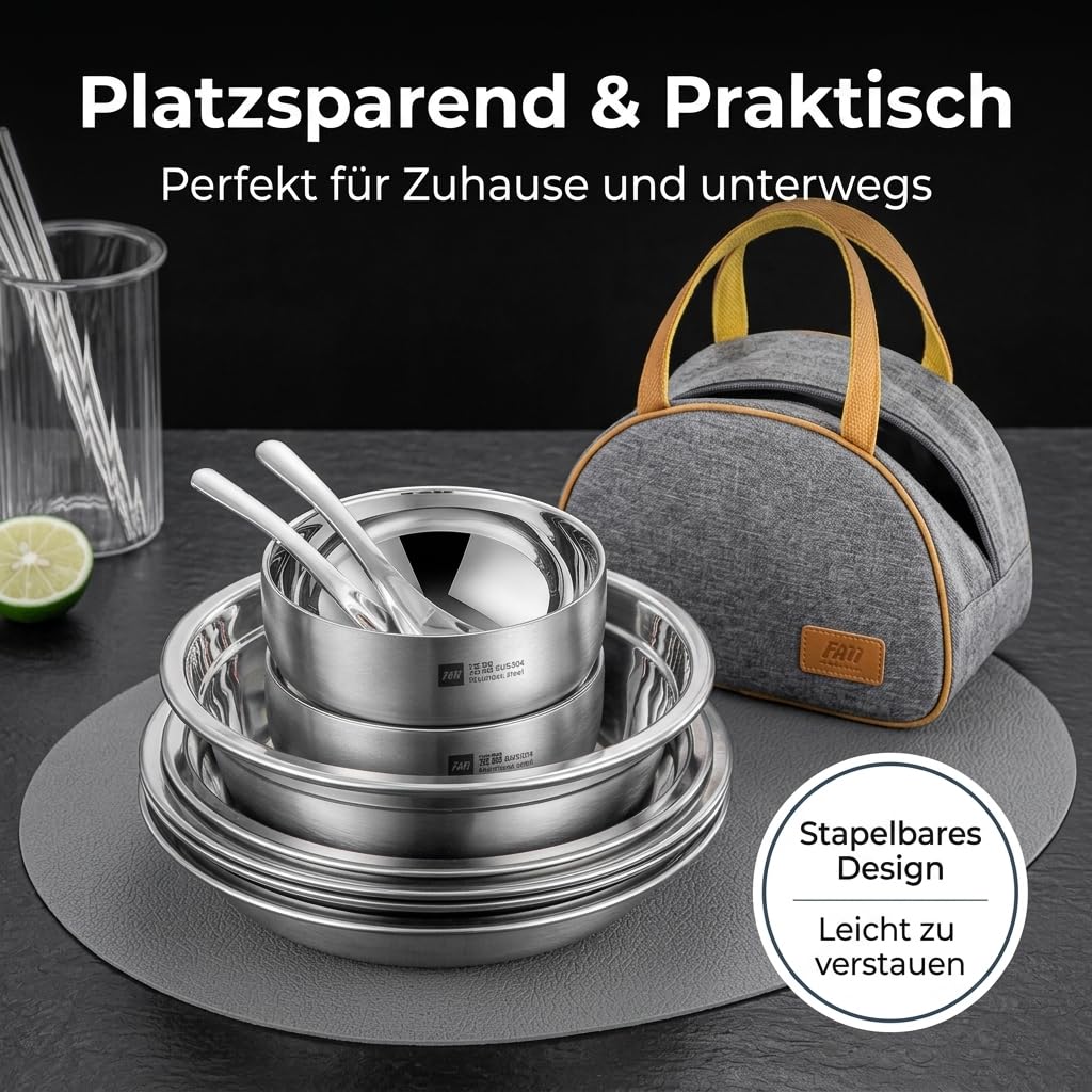 18-teiliges Besteck-Set, mattes Camping-Geschirr aus 304 Material, tragbares Essbesteck mit Beutel, chinesischer Stil, Modern; Minimalistisch; Funkti