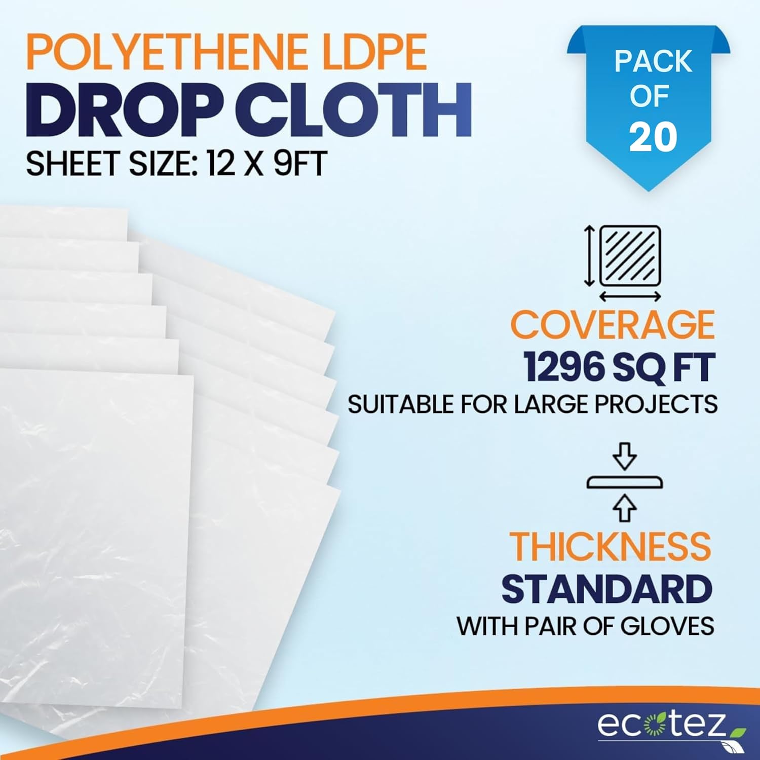20 Pack 12 x 9 ft Extra Large Plastic Drop Cloth for Painting - Light & Durable Tarp Cover for Furniture - Plastic Clear Tarp Waterproof - Paint Floor Covering - Painters Drop Cloth Sheeting