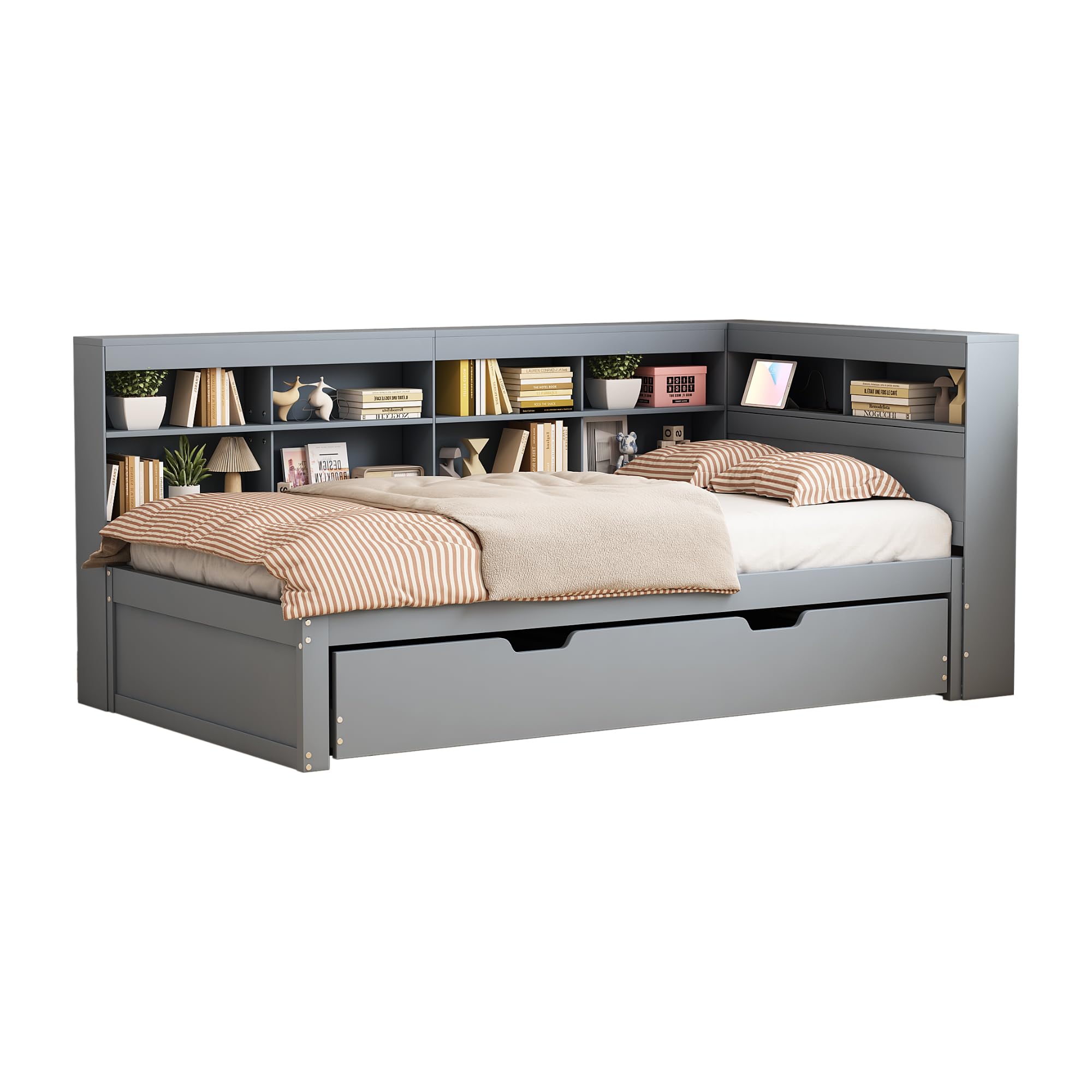 MYBOO Tagesbett Schlafsofa 90x200 cm, Holz Multifunktionsbett mit Ausziehbarem Bett 90x190 cm, USB-Steckdose und Mehreren Ablagefächern, Einzelbett Massivholzbett mit Lattenrost, Ohne Matratze, Grau