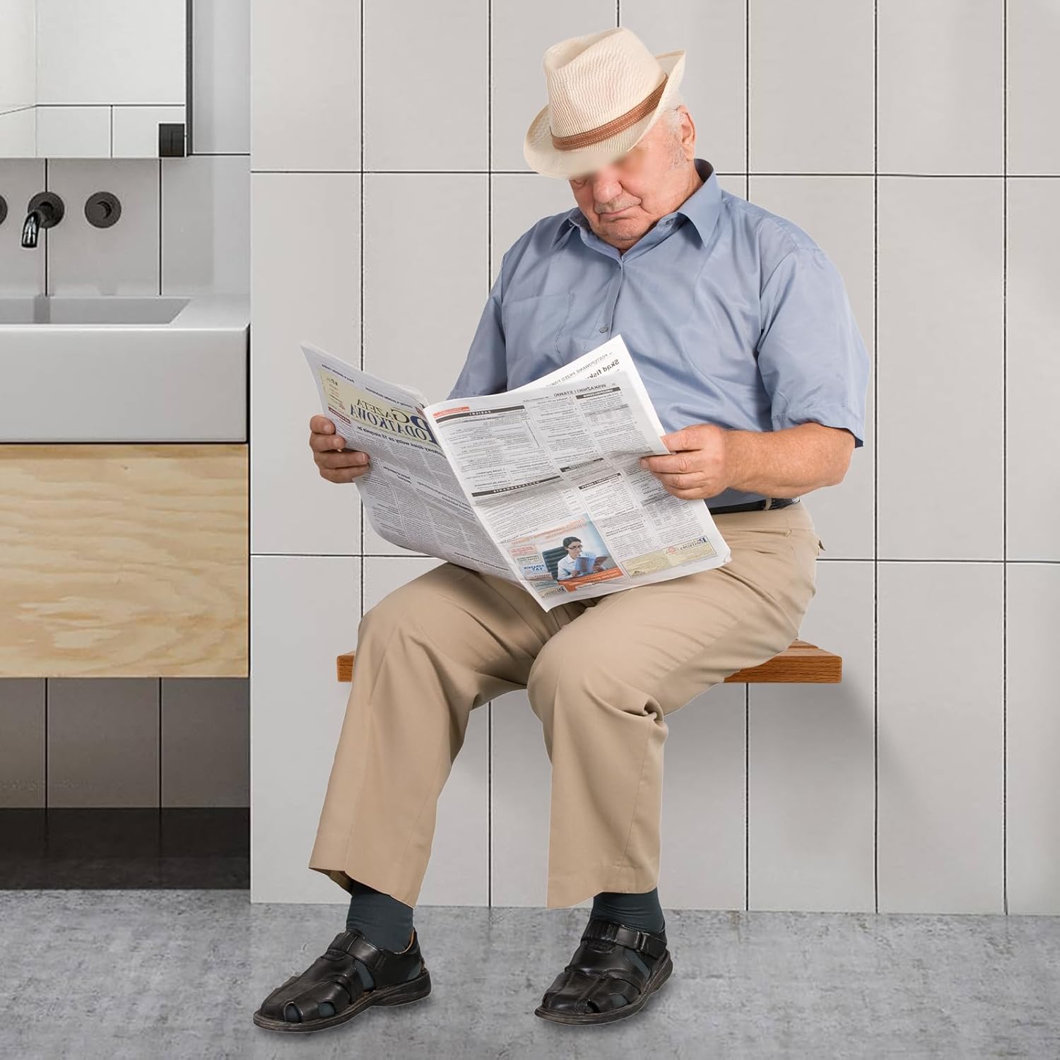 An elderly man sitting comfortably on the wooden folding shower seat, reading a newspaper, demonstrating its use outside of a shower setting.
