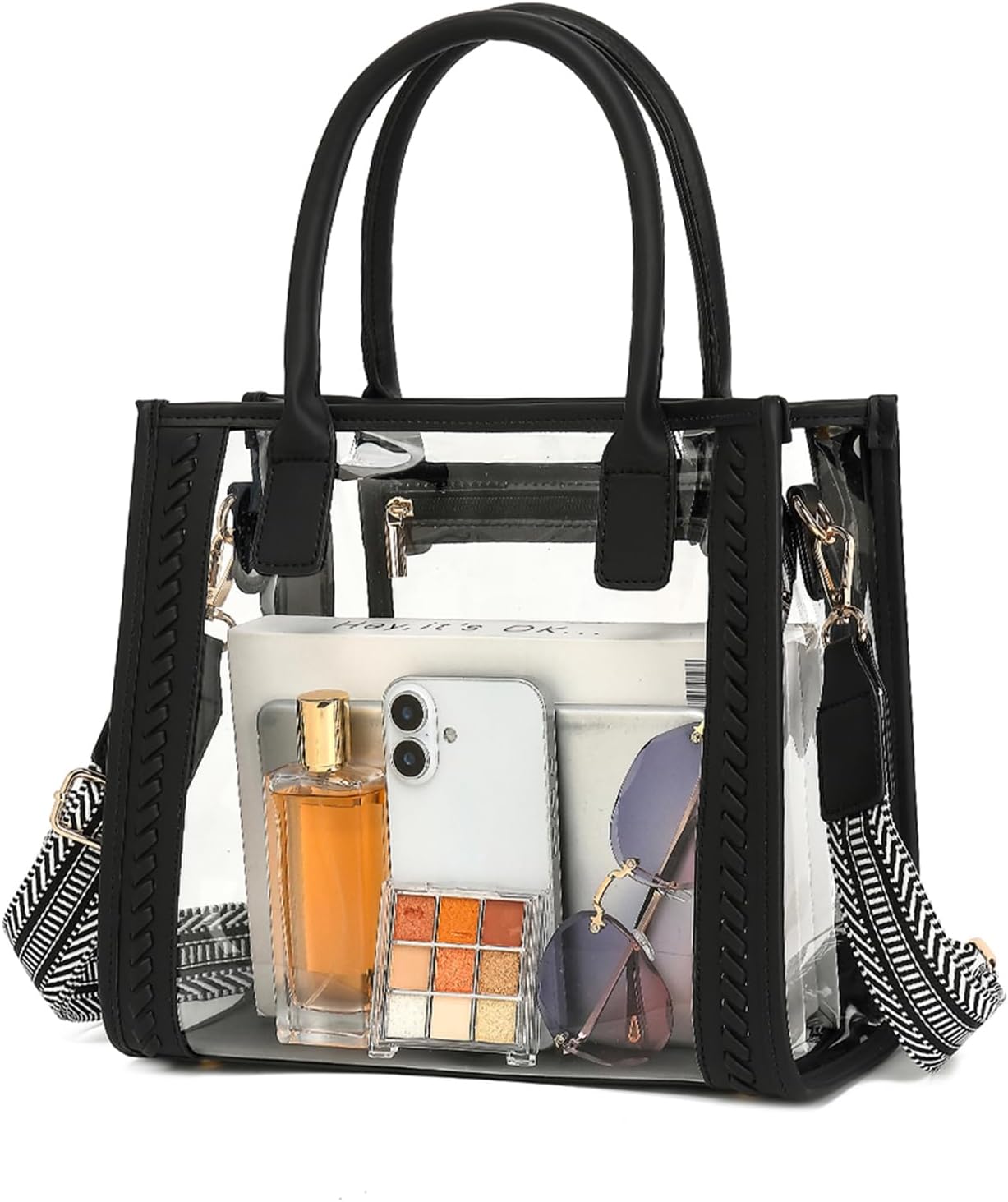 FAIME Clear Tote Bag Stadium Approved, Clear Crossbody Purse Transparent Woven Handbag for Concert, Beach & Stadium event | Water-resistant, Stadium Approved