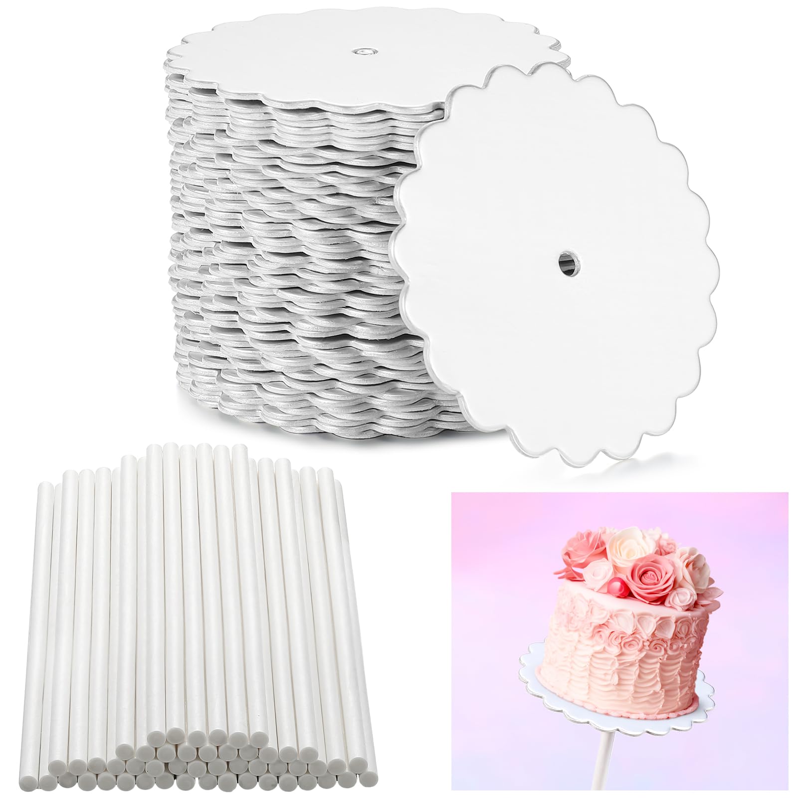 Photo 1 of Geelin 50 Set Scalloped Cake Pop Boards with Cake Pops 2 Inch Scalloped Mini Cupcake Base Cardboard for Cupcakes Pastries Desserts Parties Wedding(Silver)
