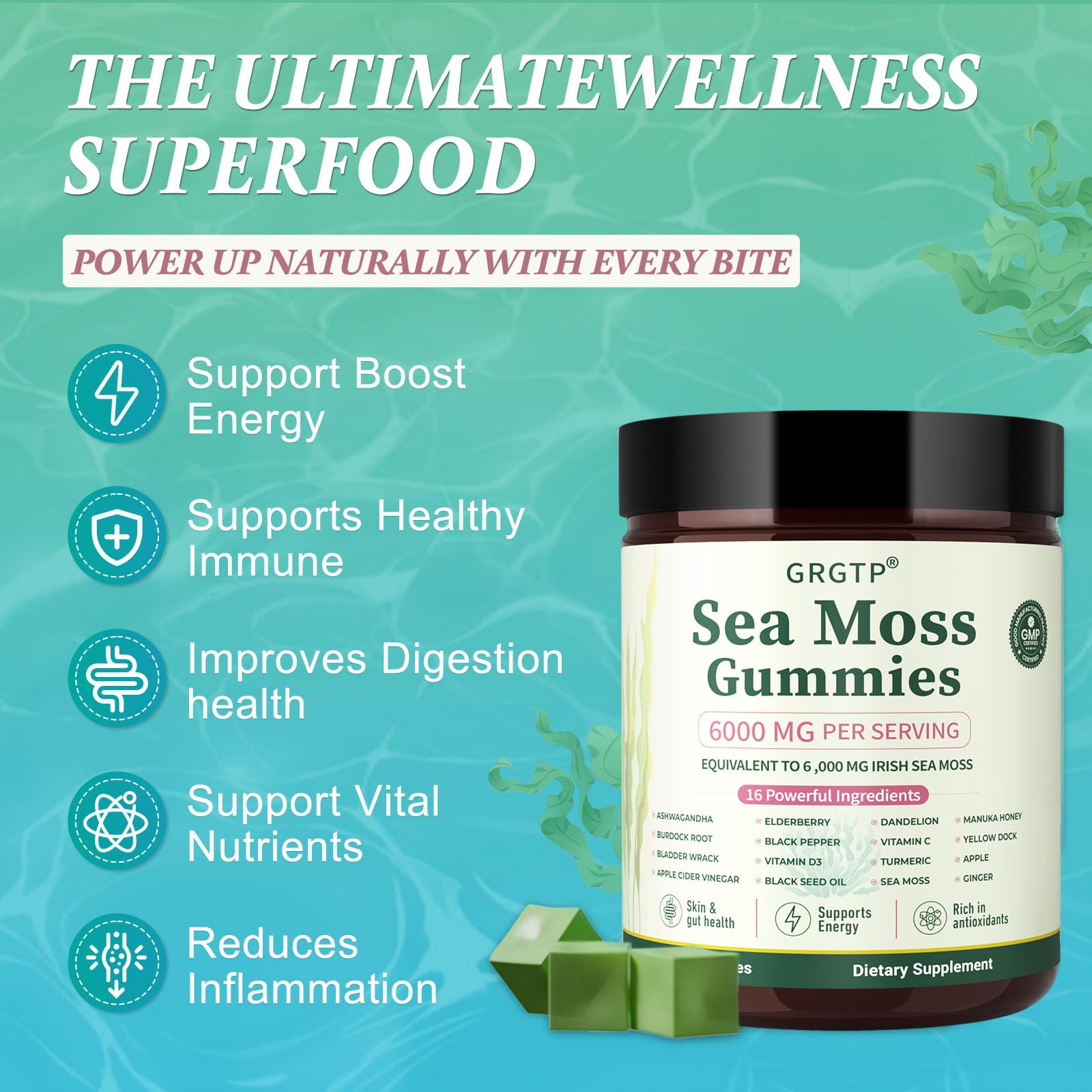 Sea Moss Gummies 16-in-1 - Ashwagandha Black Seed Oil Bladder Wrack Turmeric Vitamin C & D3 with Manuka Burdock Root Dandelion Yellow Dock Natural Detox & Liver Health Immune Support, Energy Boost — Amazon image 7