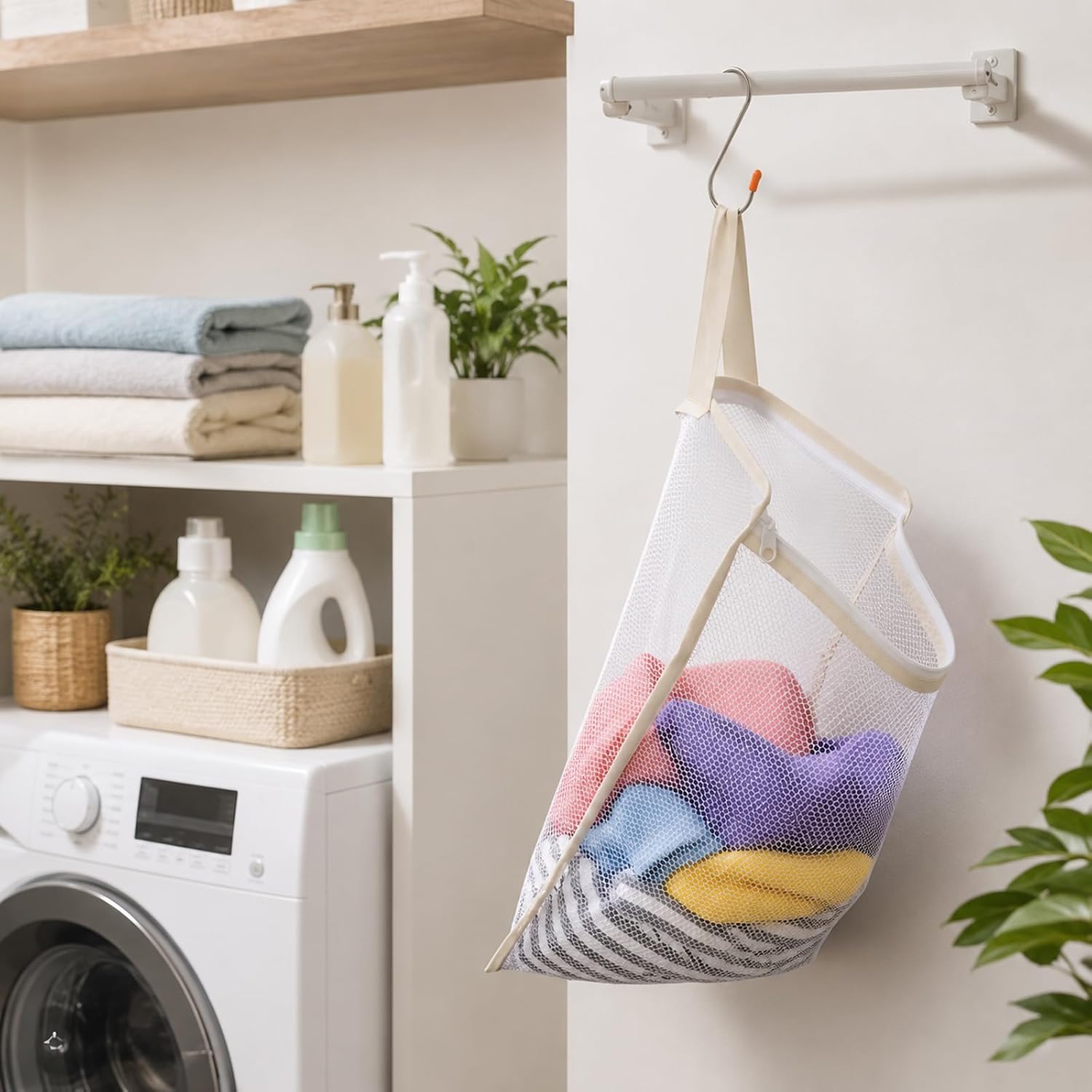 3 Pcs Mesh Hanging Laundry Bag with S Metal Hooks 15 × 11 Inch