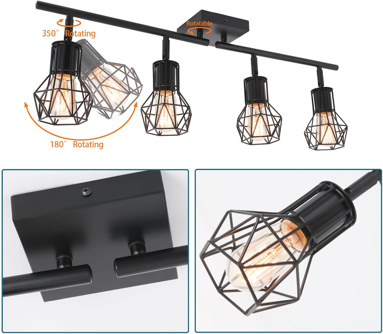 Track Lighting Fixtures Ceiling，Industrial Black Kitchen Track Lighting for Kitchen, Living Room, Dining Room, Hallway（E26