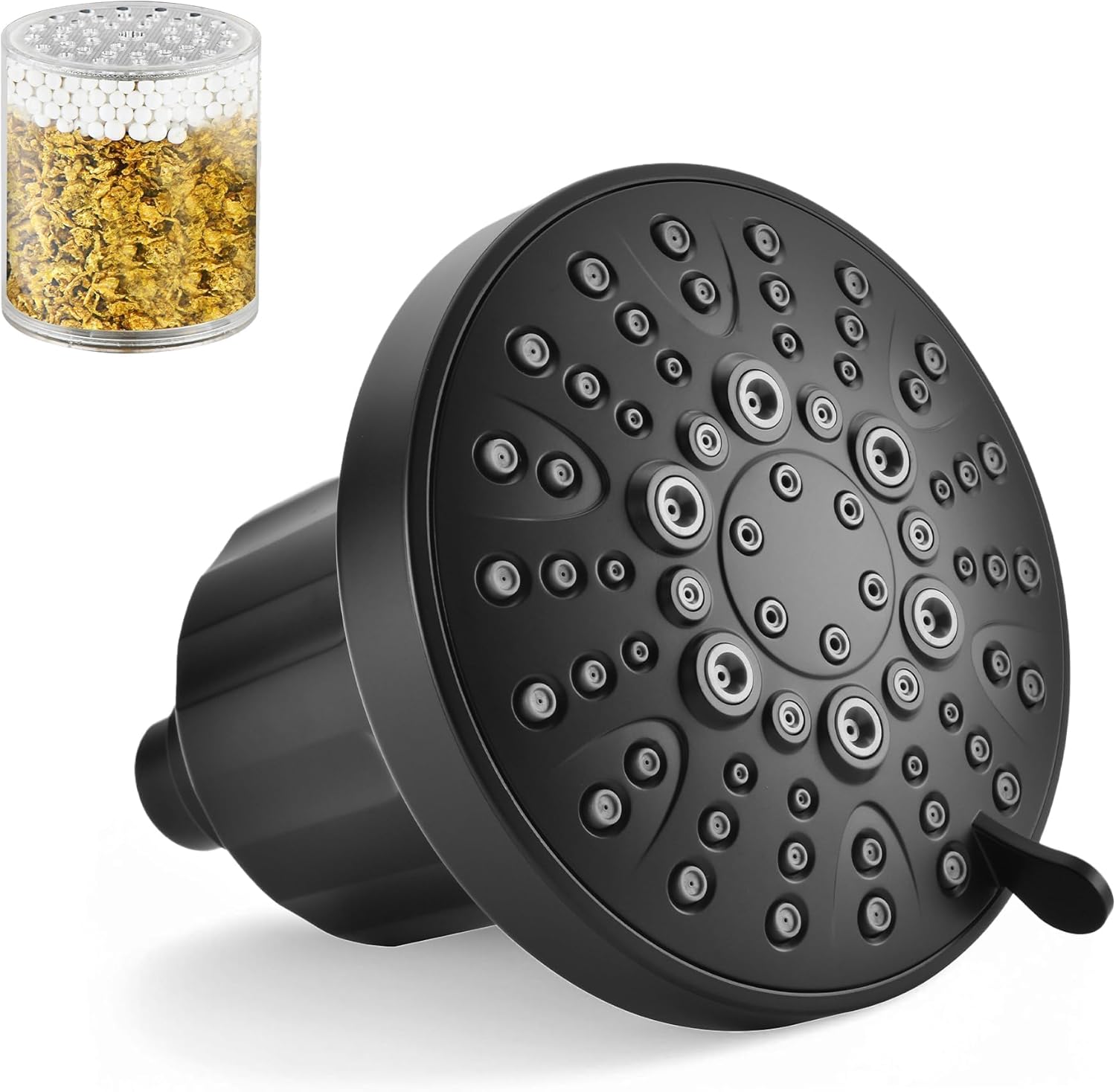 BRIGHT SHOWERS Filtered Shower Head, High Pressure Fixed Showerhead for Hard Water, Dual-Media Filter Removes Chlorine & Impurities, 8 Spray Modes, Matte Black