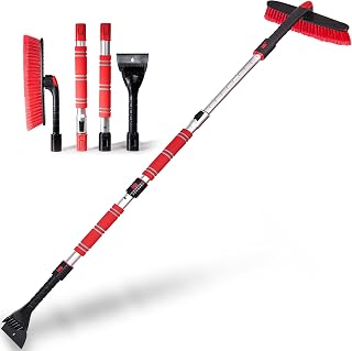 Zone Tech Extendable Snow Brush and Ice Scraper for Car, 2-1 and Adjustable Length, Rotating Brush Head, Red Foam Grip, Perfect Accessories for Winter Snow and Ice Remover for Car, SUVs