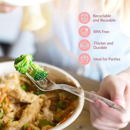 Vista 32 de Prestee - Juego de cubiertos desechables de plástico, 300 unidades, 100 tenedores / cucharas / cuchillos, desechables, color plateado