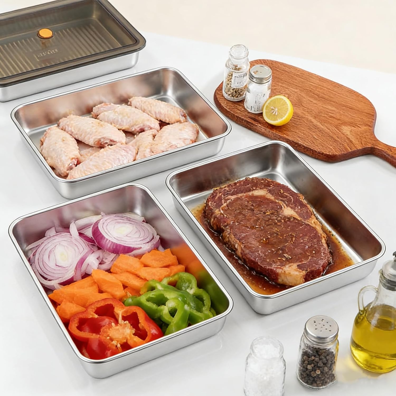 Stainless Steel Food Containers, 4 Piece Set Meal Prep Containers with Lids, Stackable Stainless Steel Freezer Containers, Bacon Cheese Food Storage Containers with Airtight Vacuum Seal, 95oz