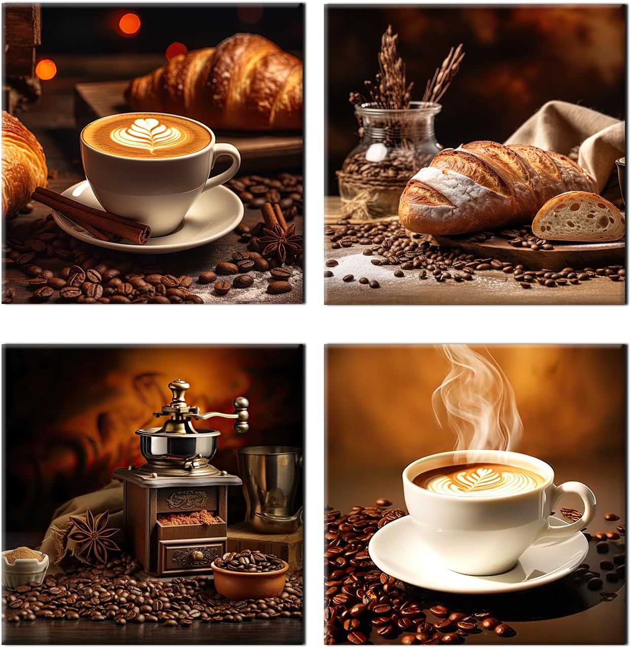 PLIDAAYO Coffee Wall Art 4 Pieces Coffee Bean and Coffee Canvas Poster Picture Modern Kitchen Print Painting Coffee Shop Artwork for Coffee Lover Dining Room Home Decor(Kit-03,16"x16"x4)