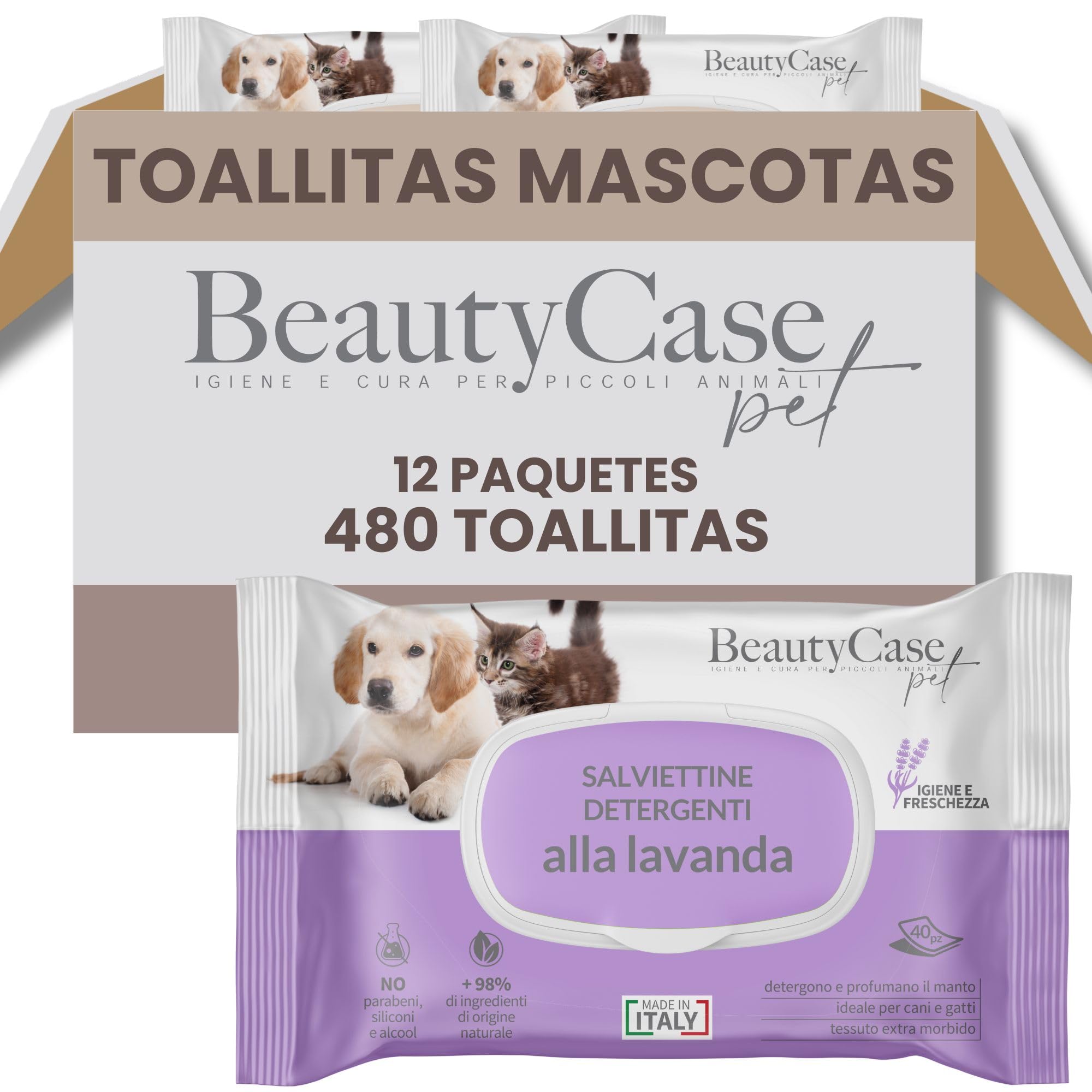 Beauty Case Toallitas para Mascotas 480 uds (12x40) - Toallitas Higiene Perro y Gato Extra Suaves, Hipoalergénicas, Desodorizantes y Sin Enjuague - Aroma Lavanda