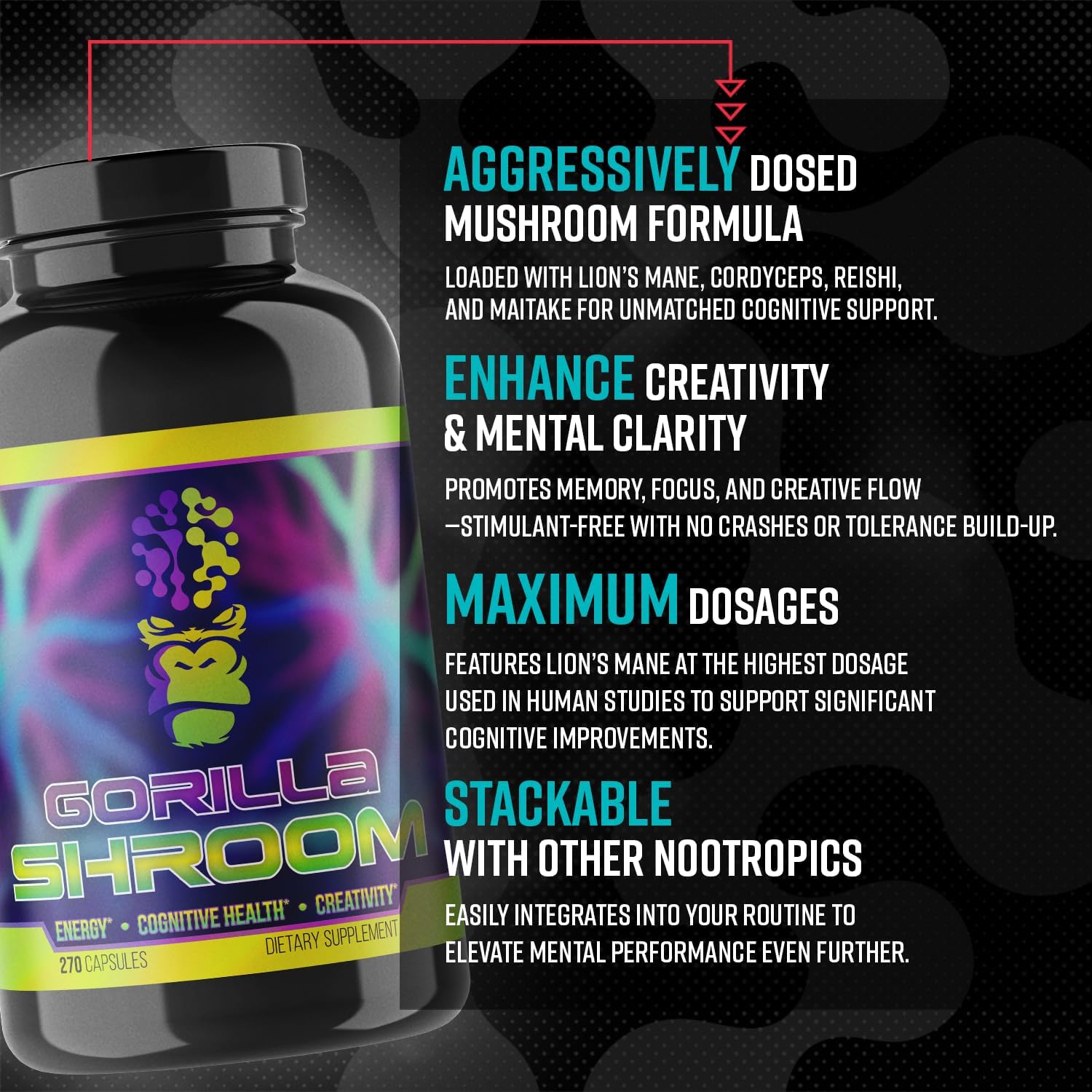 Gorilla Mind Shroom Nootropic Mushroom Supplement (6700mg) - 270 Capsules/Includes Lions Mane, Cordyceps, Reishi, Maitake/Increased Energy Immune Modulation, Enhanced Cognitive Functioning
