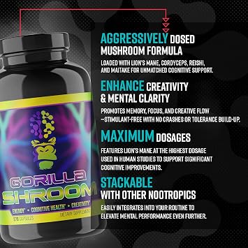 Gorilla Mind Shroom Nootropic Mushroom Supplement (6700mg) - 270 Capsules/Includes Lions Mane, Cordyceps, Reishi, Maitake/Increased Energy Immune Modulation, Enhanced Cognitive Functioning