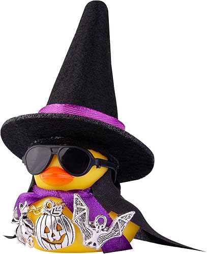 MuMyer Adornos de pato de goma para automóvil, decoraciones de tablero de automóvil con mini sombrero de bruja, capa, collar, accesorios de