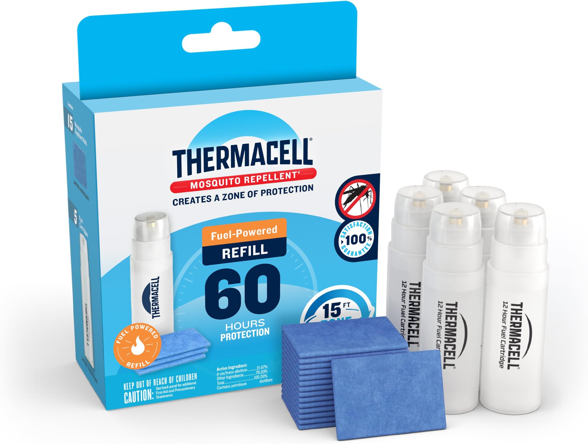 Mosquito Repellent Refills, 60-Hour Pack; Contains 15 Repellent Mats, 5 Fuel Cartridges; Compatible with Any Fuel-Powered Thermacell Product; No Spray, Scent, Mess