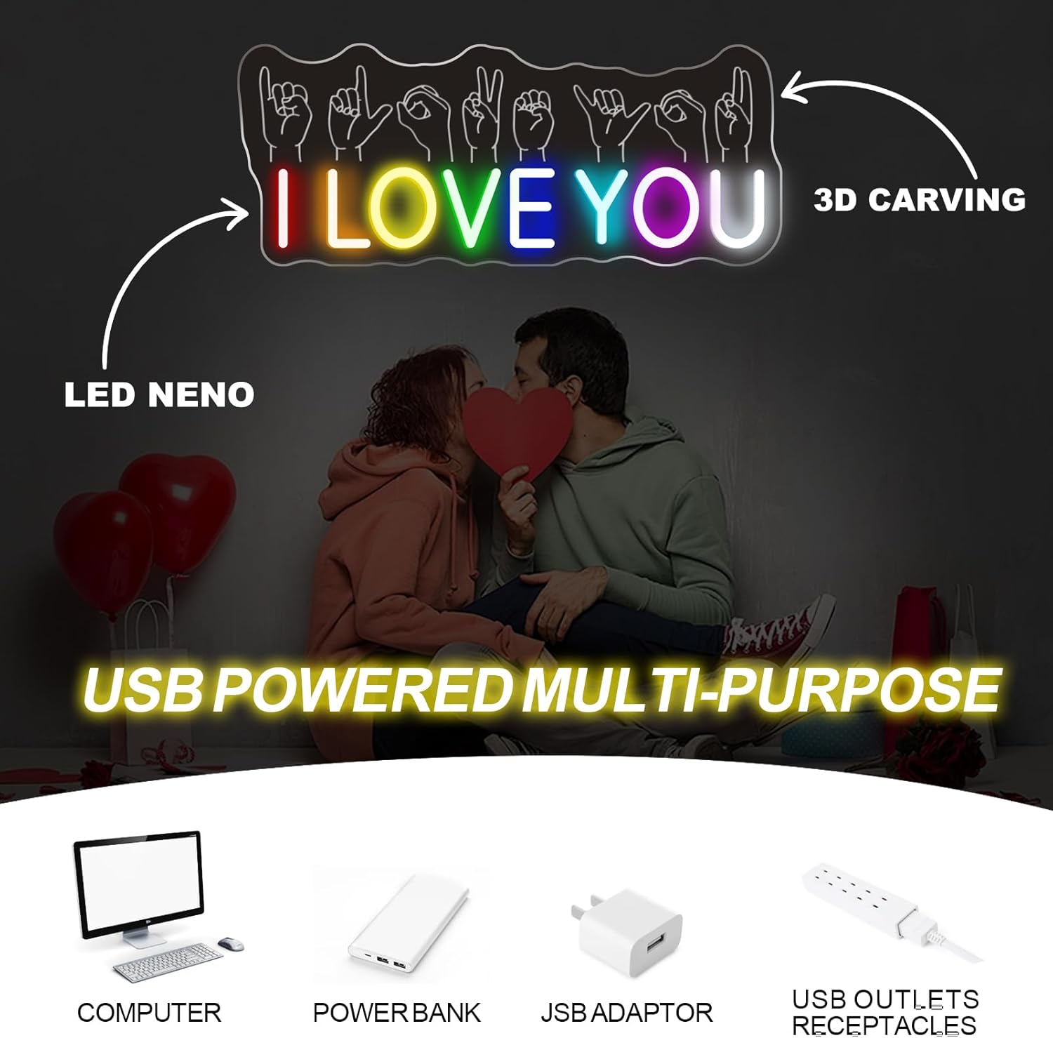 I Love You Neon Sign - 5-Level Dimmable USB Rainbow Neon Signs & Valentine's Day Decor, Ideal for Weddings, Parties, Bedrooms, Romantic Light Up Wall Art