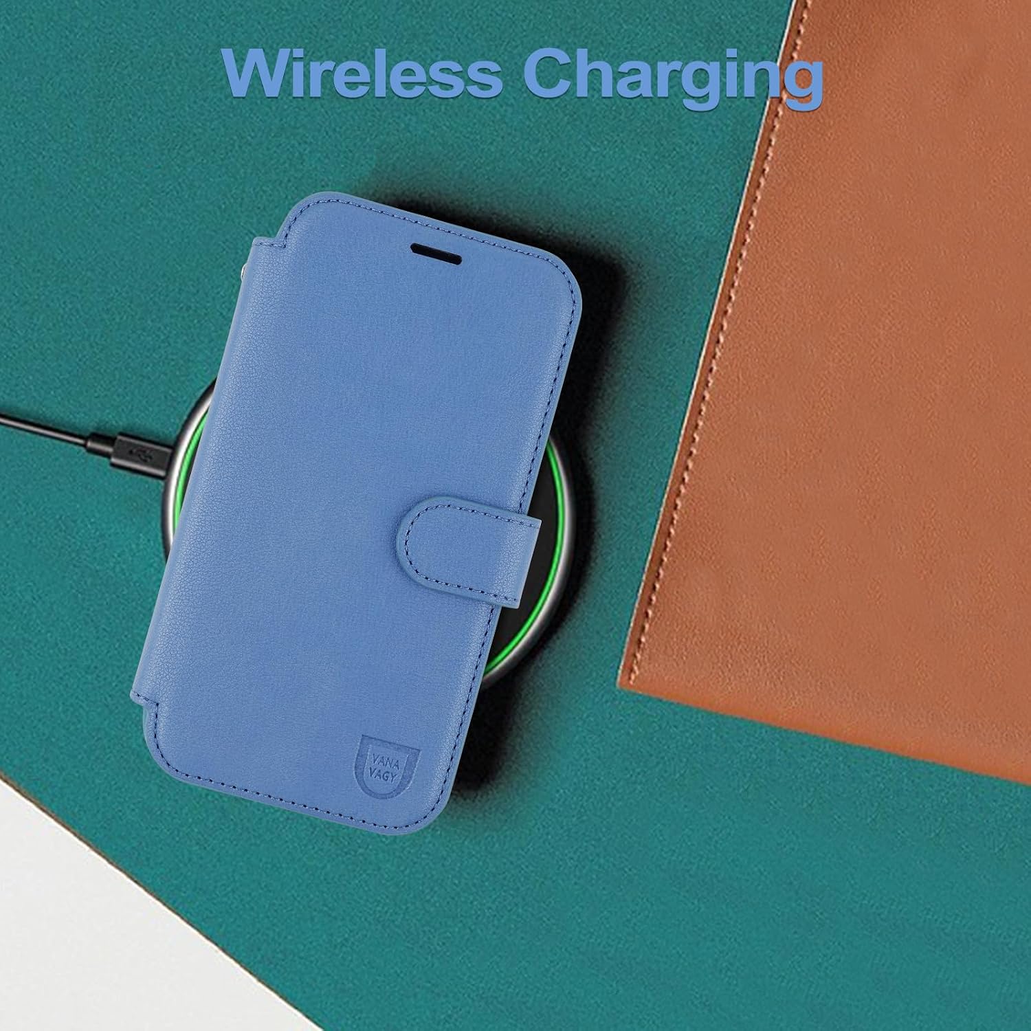 VANAVAGY Compatible for iPhone 17 Pro Max Wallet Case for Magsafe Wireless Charging, PU Leather Flip Folio Shockproof Phone Cover with Wrist Strap RFID Blocking Card Holder [Screen Protector],Blue