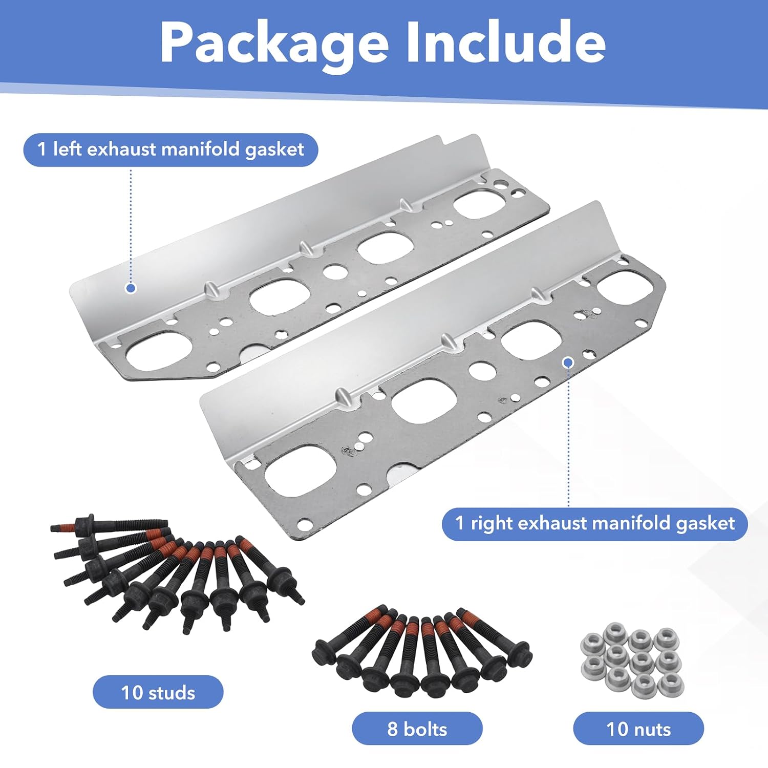 Exhaust Manifold Gasket with Bolt Studs and Nuts Set for 5.7L V8 Engines 2009-2020 D-odge Challenger Ram 1500 2500 3500 J-eep Charger Grand Cherokee (Complete Left + Right) 6505316AA