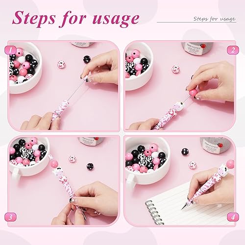 Miniatura 3 de Whaline 12 juegos de bolígrafos con estampado de vaca, bolígrafos surtidos de bricolaje con 12 cuentas en forma de vaca lechera, 30 cuentas