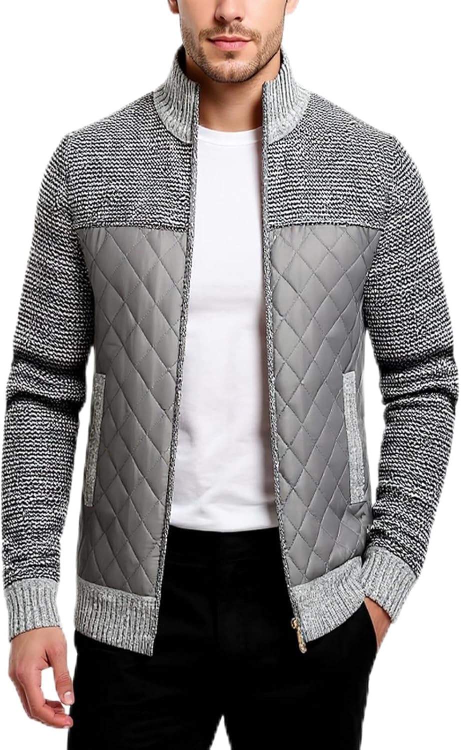 Men's Cardigan Sweaters Casual Full Zip Sweater Color Block Knitted Jacket With Pockets, M-3XL