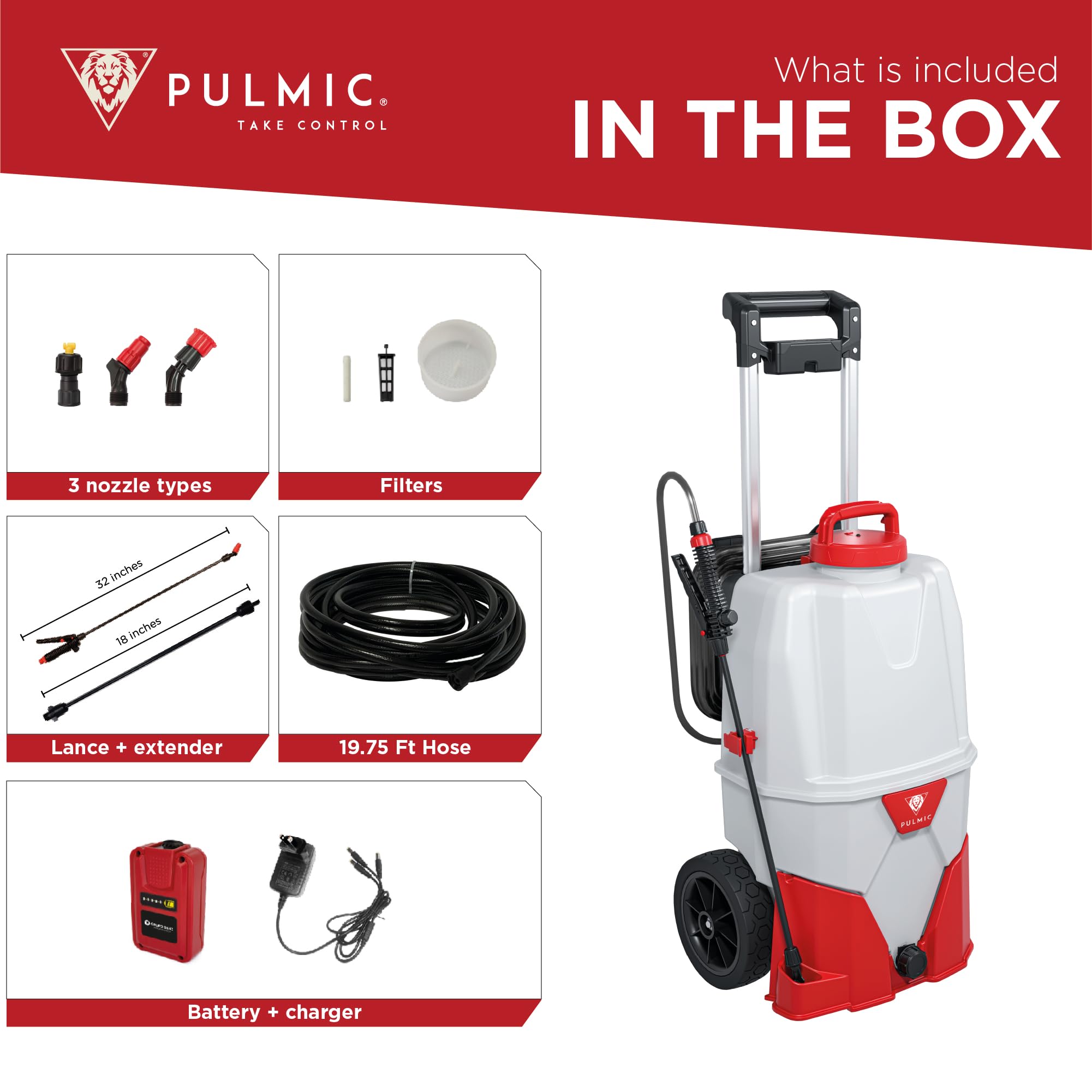 Pulverizador Eléctrico con Ruedas PULMIC Pegasus 35L. 3 Velocidades de Pulverización hasta 4 Bar, 7 Horas de Autonomía y Manguera de 6M. Bateria de Litio 18V. Fumigadora Pulverizador.PULMIC
