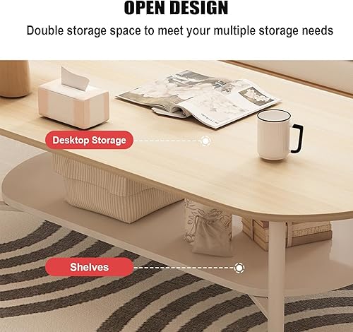 Miniatura 3 de Mesa auxiliar ovalada, mesa auxiliar de madera con almacenamiento abierto, mesa central de madera con marco de metal, mesa auxiliar moderna para