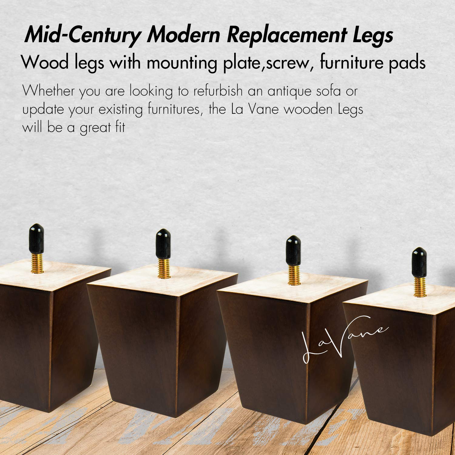 6 inch Wooden Furniture Legs, La Vane Set of 4 Solid Wood Square Walnut Mid-Century Modern M8 Replacement Bun Feet with Pre-Drilled 5/16 Inch Bolt & Mounting Plate & Screws for Couch Sofa Armchair