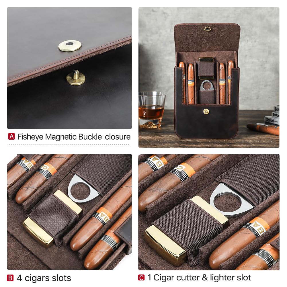 Hiram Cigar Travel Case Genuine Leather Cigar Humidor for 4 Cigars - Image 4