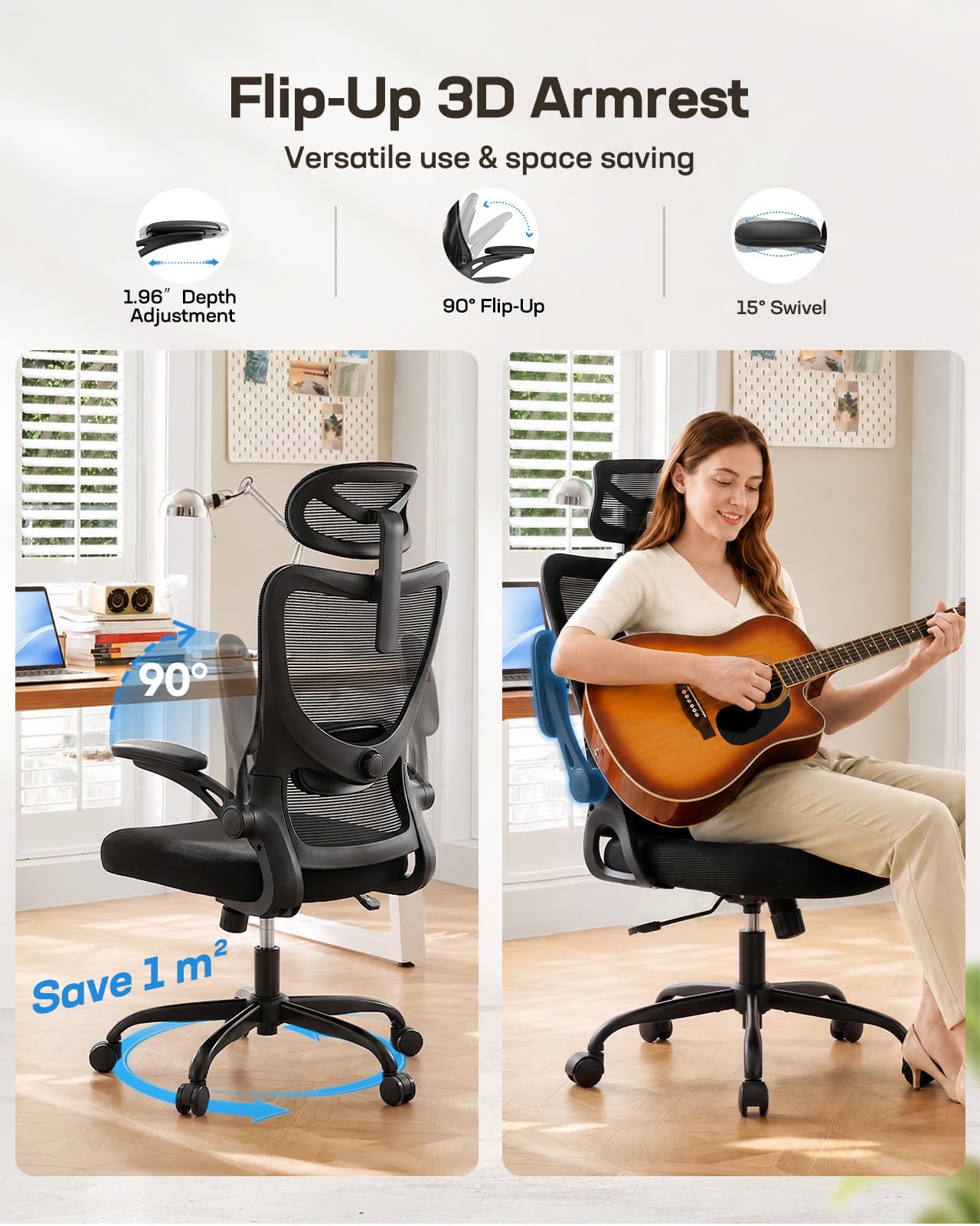 HUANUO Ergonomic Office Chair, High Back Computer Desk Chair with Adjustable Lumbar Support and Headrest, Comfy Gaming Chair with 3D Armrests, Home Office Rolling Chair, Max Load 300 lbs