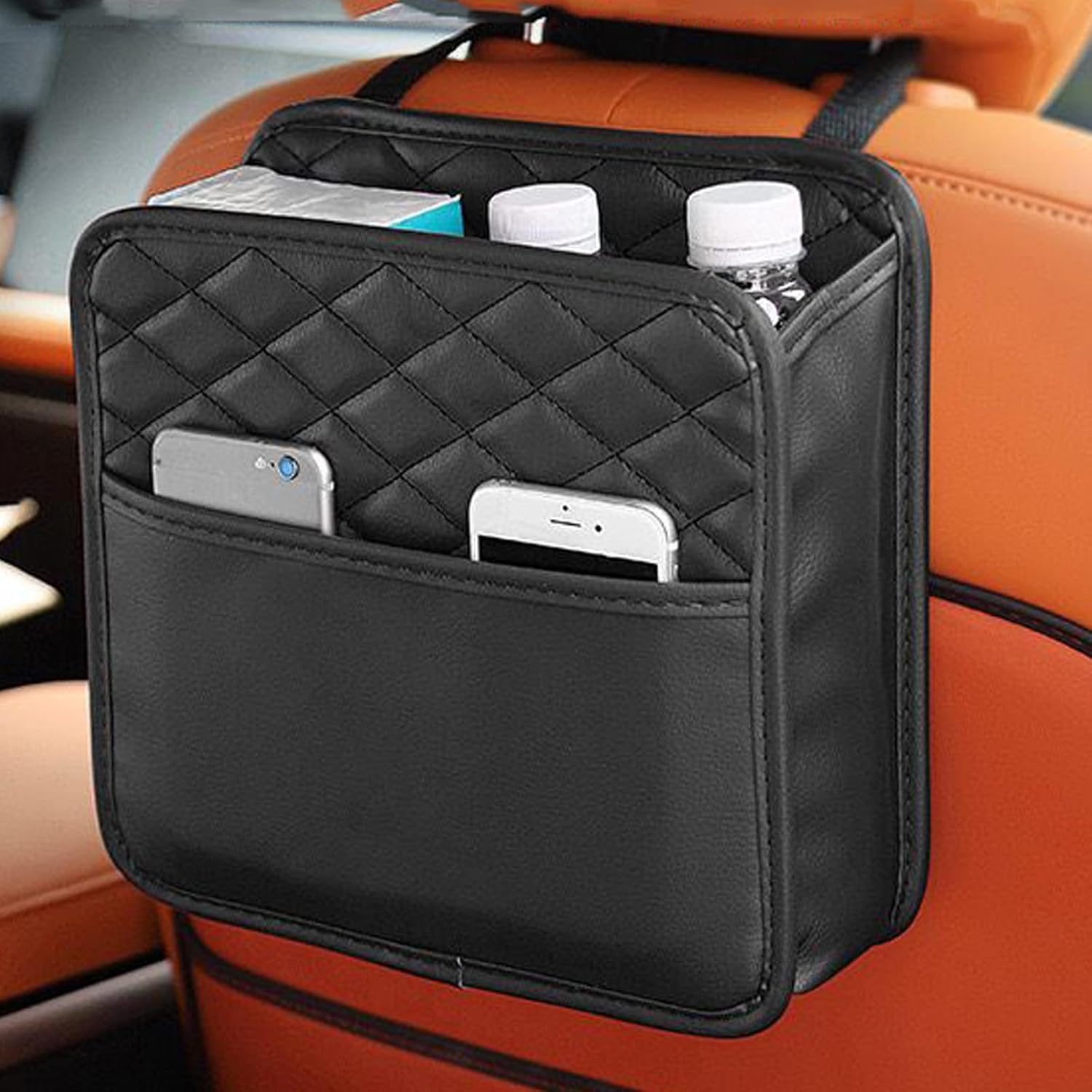 Multi-Pocket Car Backseat Organizer - Waterproof PU Leather Back Seat Storage Bag with Phone Holder, Bottle Slot & Tissue Storage Box - Universal Car Interior Travel Organizer Pouch (Black)-image-31