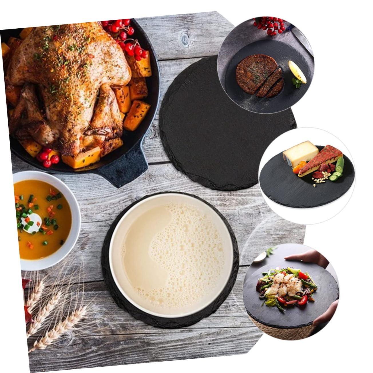 VALICLUD Bandeja Redonda para Servir Comida de Pizarra Natural Negra Resistentes 2 Piezas Platos Pequeños Ideales para Uso en Casa y Hotel