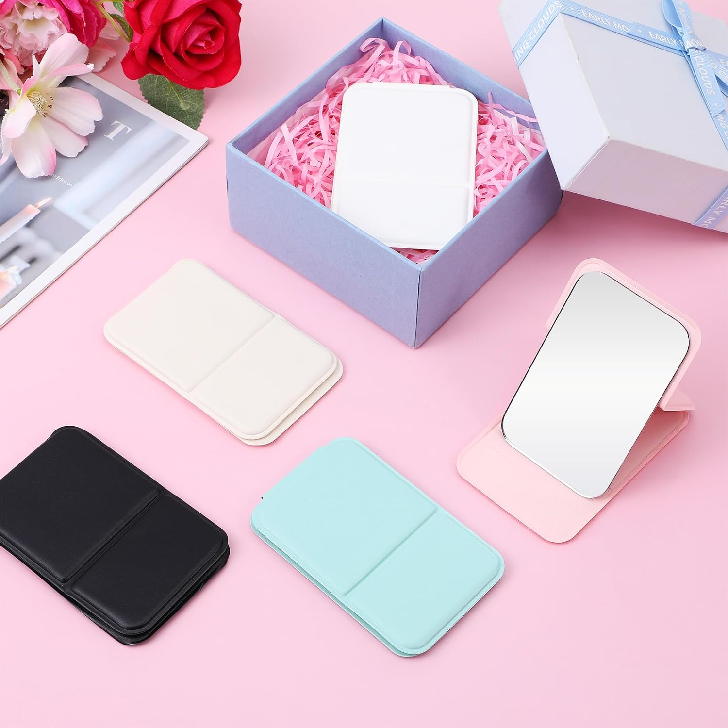 20 Pcs Compact Mirror Bulk Set, Pocket Mirror for Women Mini Mirror Travel Size, 4.2x2.76 Inch Folding Handheld Mirrors with PU Leather Shell, 5 Colors Each 4 Pcs, for Home Office Camping Party Gift