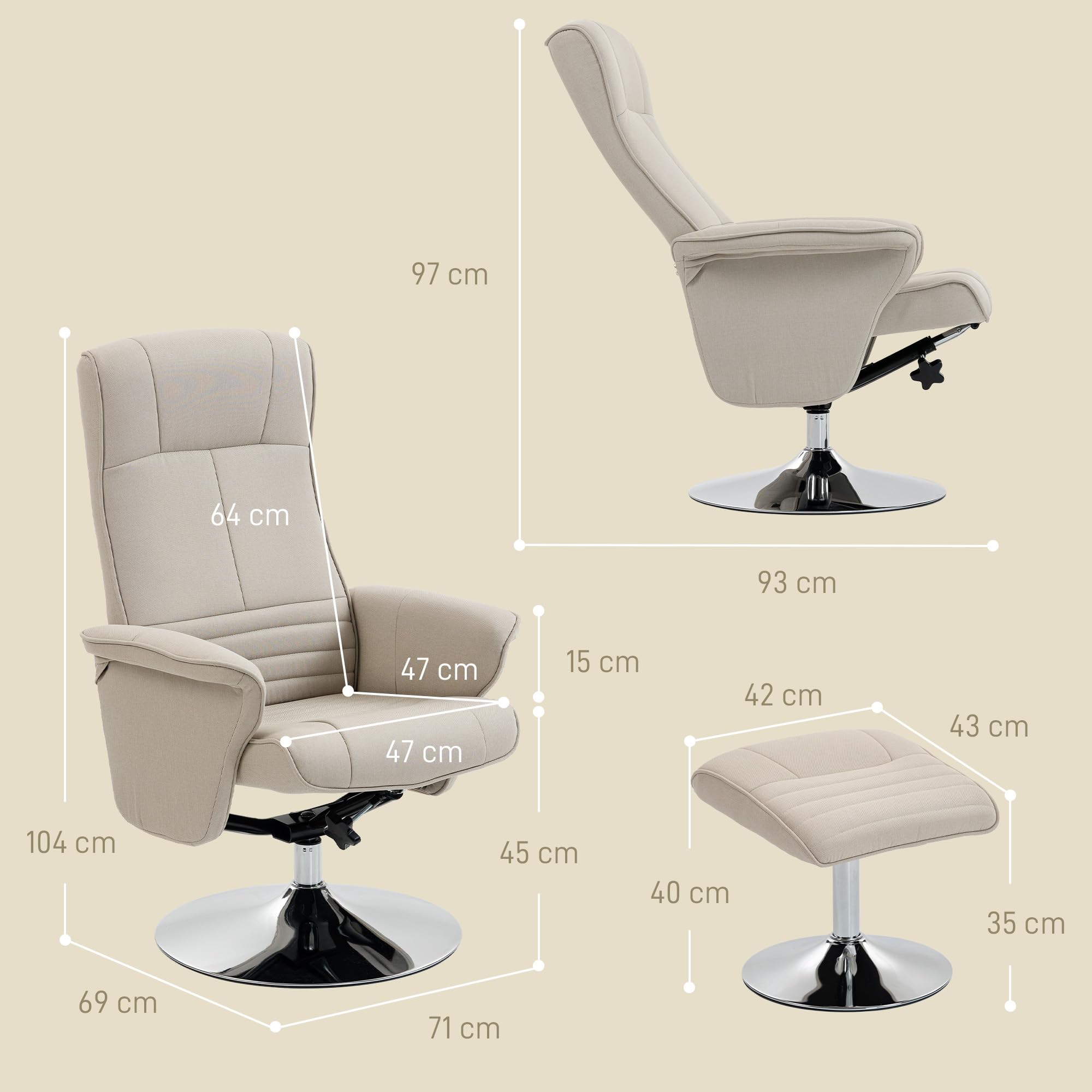 HOMCOM Sillón Relax Inclinable 135° Giratorio 360° con Reposapiés Beige