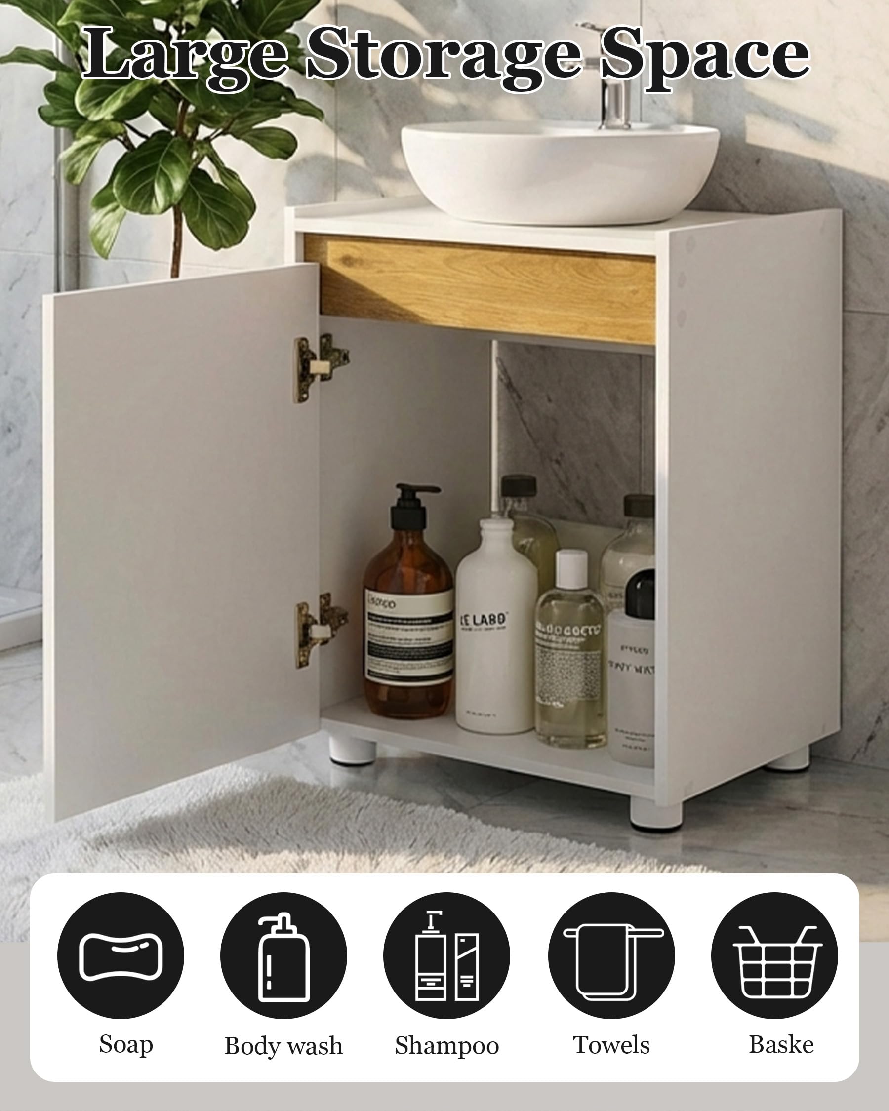 Mueble bajo lavabo blanco para cuarto de baño, lavabo con decoración de madera de roble, 42 x 33 x 54,5 cm, armario bajo lavabo estrecho con estante ajustable, sin mango