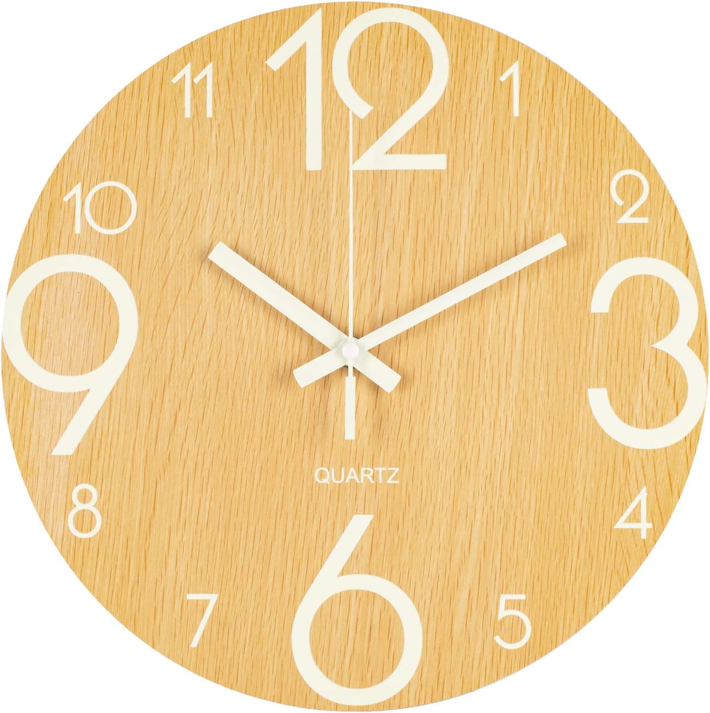 Luminous Wall Clock, 30cm Four Large Arabic Numerals Decorative Clock, Grow In The Dark Non Ticking Battery Operated Silent Clock for Home, Kitchen, Living room, Bedroom, Indoor(Yellow)