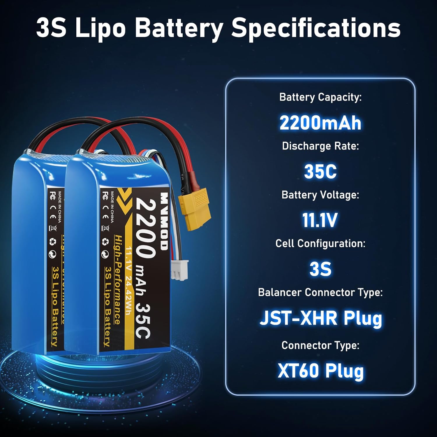 3S LiPo Battery 2 Pack, 2200mAh 11.1V 35C Lipo Battery with XT60 Connector for RC Car RC Airplane RC Boat RC Quadcopter Helicopter FPV Drone 2Pack