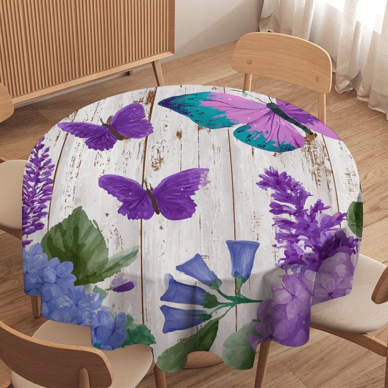 LUYYSKY Beautiful Realistic Butterflies Round Tablecloth Modern Rustic Wooden Boards Lilac Flowers Animals Butterfly Washable Decor for Table Cover for Kitchen-91.4" Wx91.4 L cm