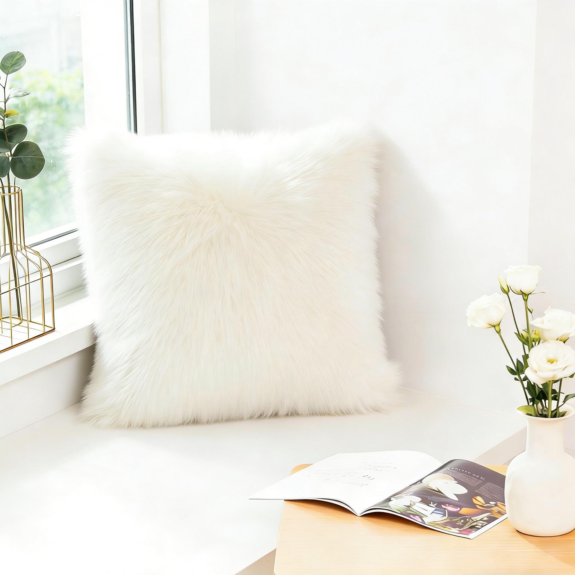 Winter Flower 60 Pack 18x18 Inches Soft Faux Fur Throw Pillow Covers, Plush Shaggy Luxury Cushion Covers for Home Sofa Bedroom Decor, White