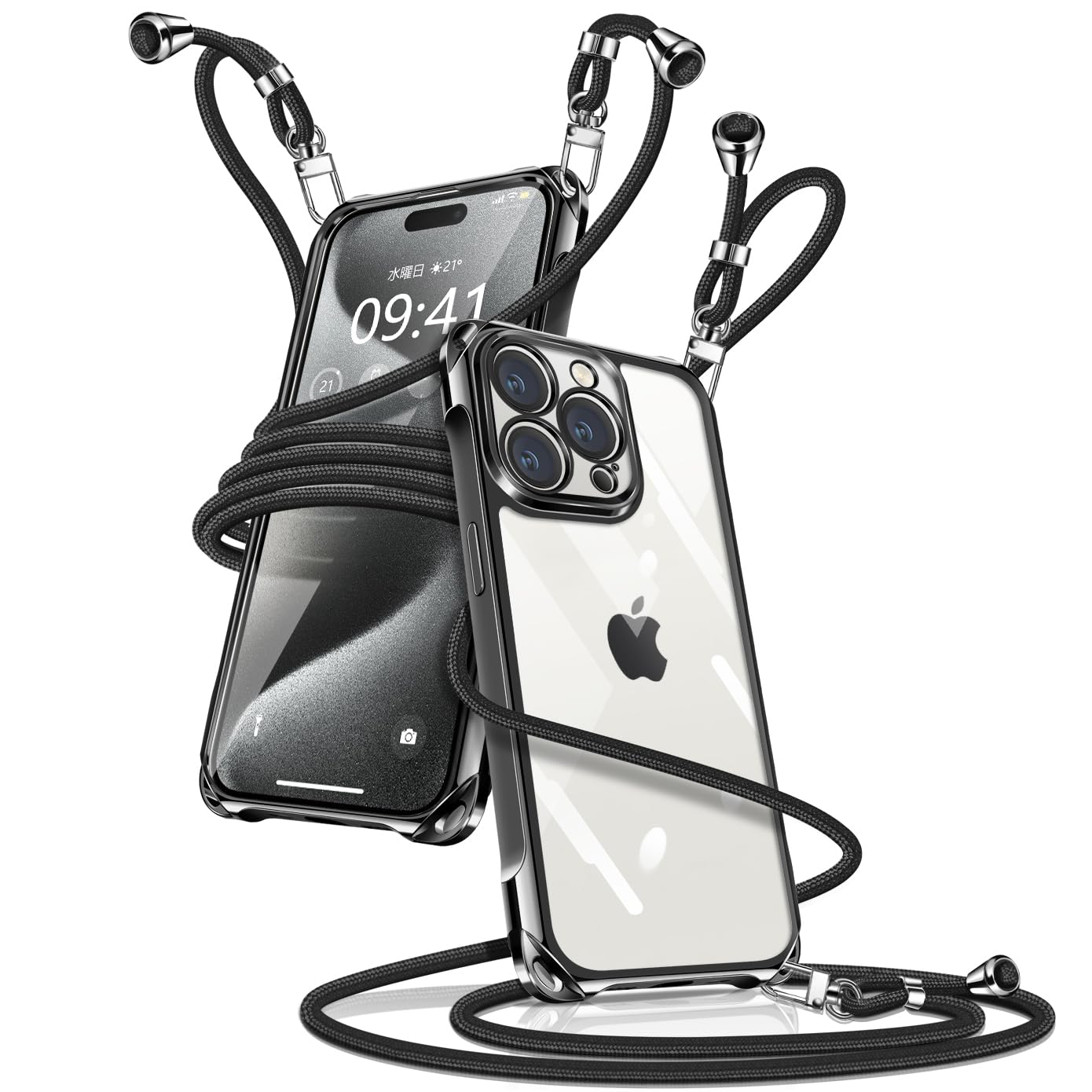 Muciyazi 用の iPhone 15 Pro Max ケース クリア ショルダー アイフォン15ProMax カバー 肩掛け 斜めかけ 縄掛けケース 透明 薄型 軽量 TPU 携帯ケース 紐付き 長さ調整可能 取り外し可能 落下防止 紛失防止 ワイヤレス充電対応(ブラック)