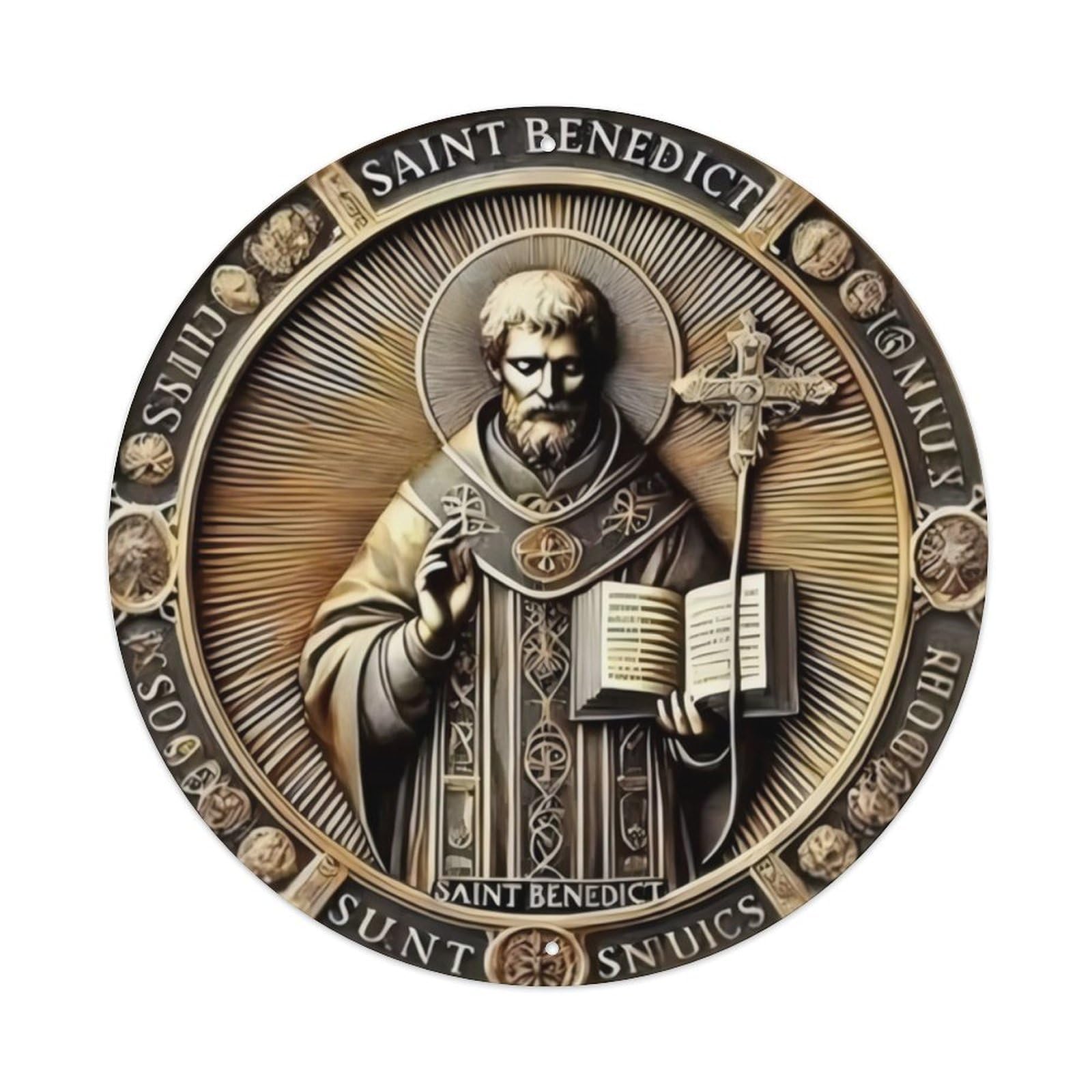 Ldfuieksufg Style Round Saint Benedict Religious Vintage Wall Sign Chapel Home Decor Vintage Aluminium Metal Sign, Retro Wall Decor For Home, Bar, Garage & Farmhouse 20X20cm