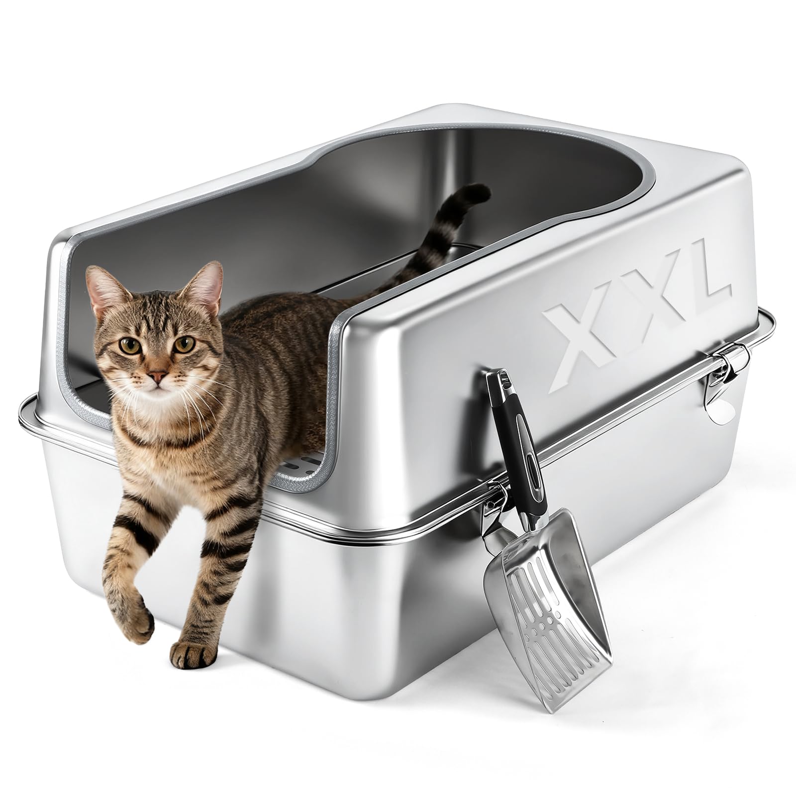 Caja de Arena para Gatos de Acero Inoxidable, XXL, 23.6''x15.7''x12'' Extragrande, semicerrada, de Metal con Cubierta Superior, Pala, no Adhesiva, fácil Limpieza