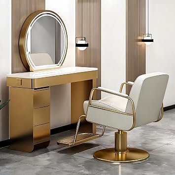 Golden Hair Salon Station for Hair Stylist Adjustable ChairModern LED Round Mirror3 Storage Drawers, Barber Station with Luxury Style Salon Chair