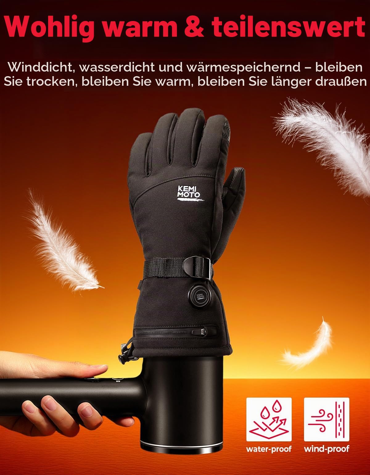 KEMIMOTO Beheizbare Handschuhe mit 2500mAh Akku, Elektrisch Winter Thermohandschuhe Herren und Damen für -10°C~ -5°C, Beheizte Winter Angelhandschuhe für Skifahren, Wandern