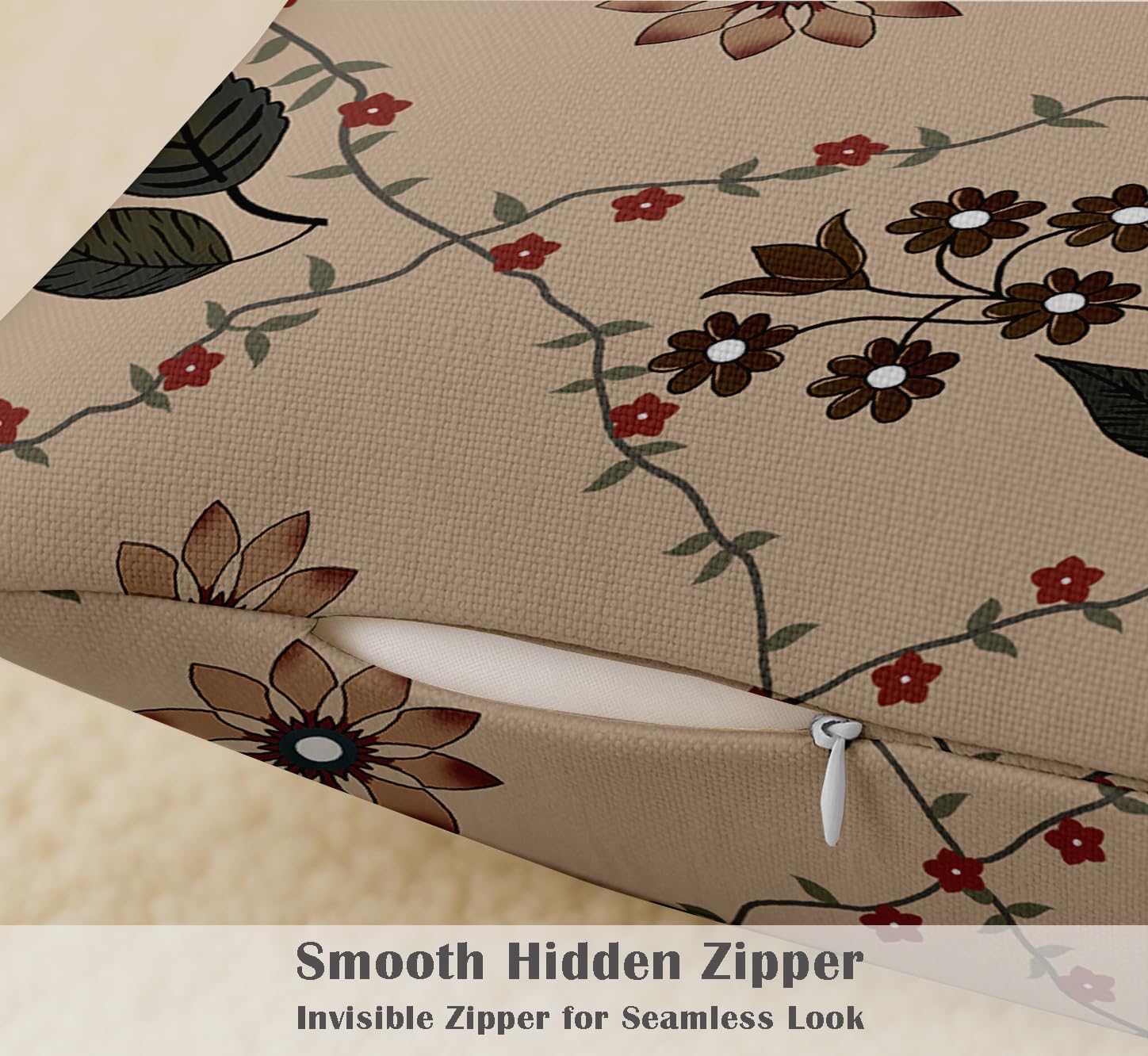 Taupe Cotton Cushion Covers Set of 4, 16x16 Inch, Dual-Sided Print, Hidden Zipper Closure - Floral Print