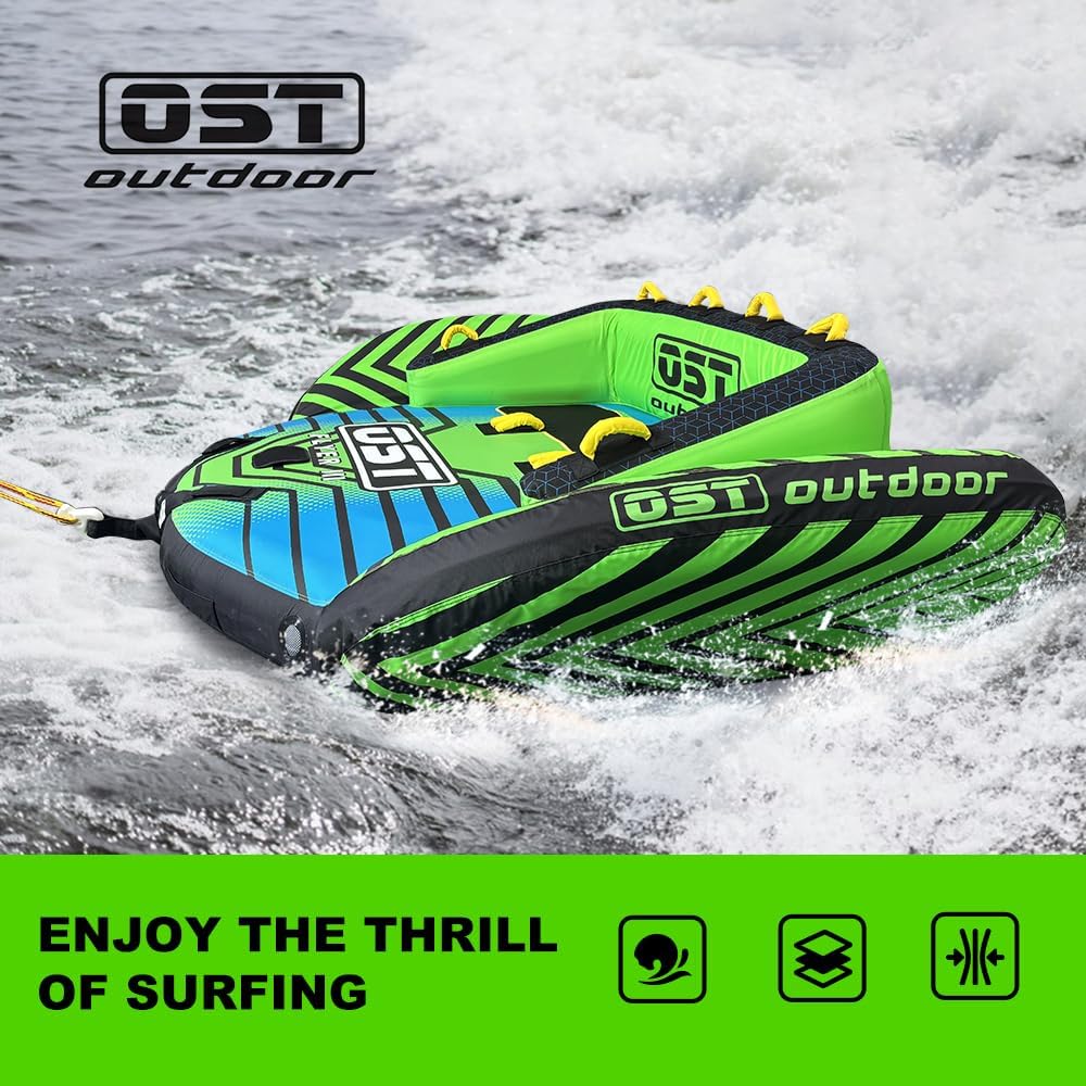 Towable Tube for Boating 3 Person, Towable Tubes with Backrest and Eva Foam Pads, Dual Tow Points, Large Capacity, Full Nylon Cover, Quick Connector, Drainage and Wings, Boat Tubes for Tubing