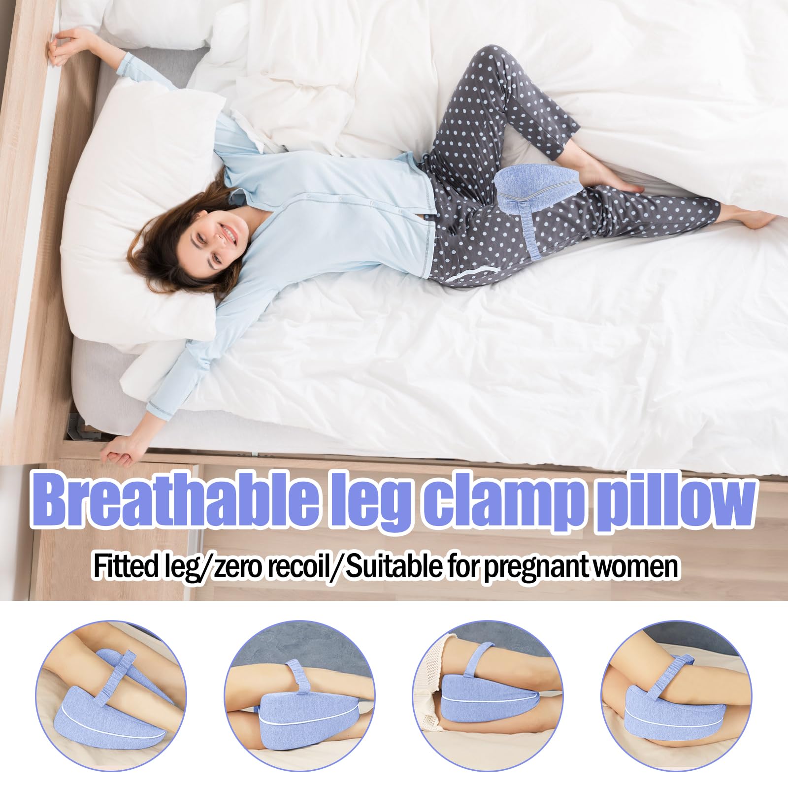 Kniekissen für Seitenschläfer, Orthopädisches Kissen für Bein, Ergonomisches Beinkissen mit Gürtel, Seitenschläferkissen aus Memory Schaum, Kissen Schwangerschaft für Stützt Beine, Knie, Rücken (Blau)