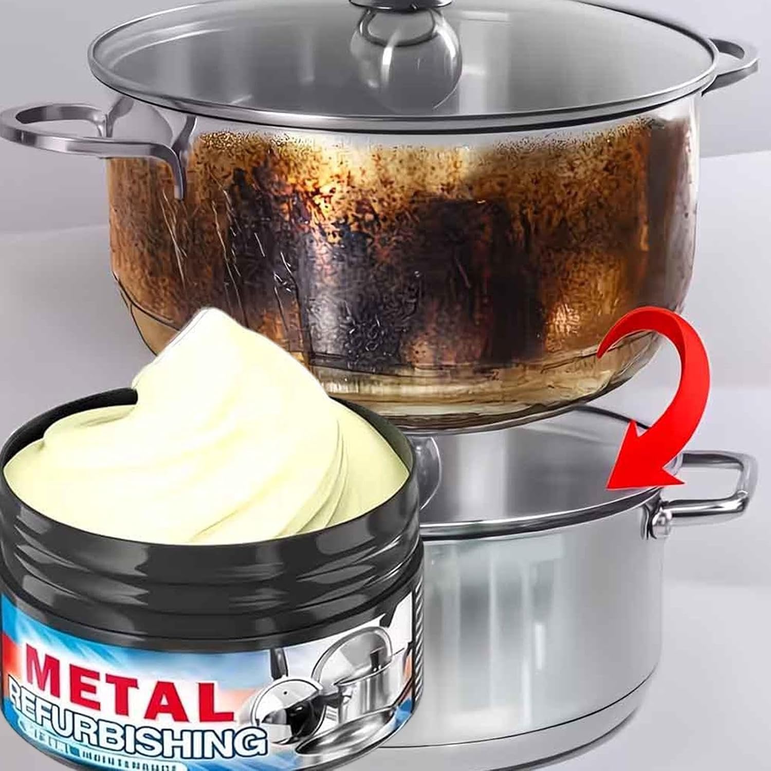 Metal Polishing Cream, Stainless Steel Restorer, 4x2 Inches Cleaning Paste with Sponge, Active Mineral Scouring Agent, Buffing Balm with Glossy Finish, Sink Cleaner for Restaurant