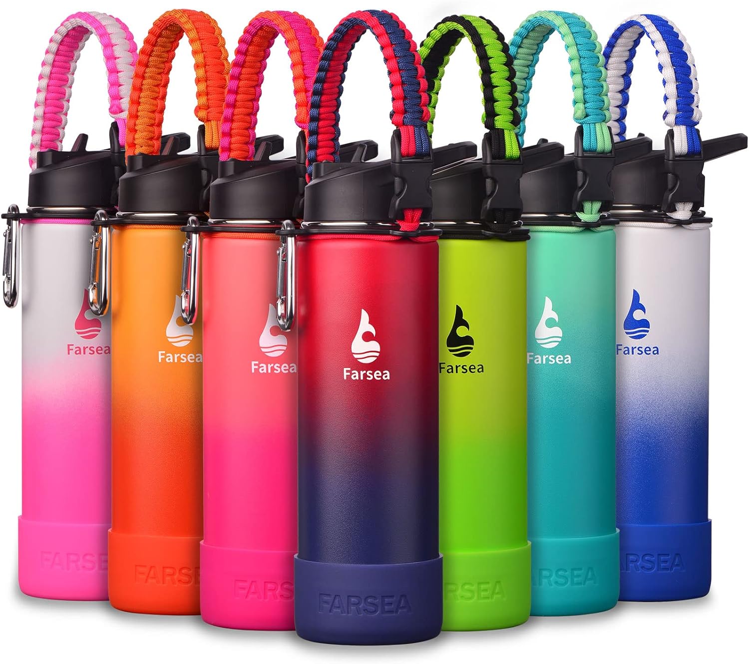 Farsea Insulated Water Bottle With Paracord Handle, Protective Silicone Boot and 2 Lids (Straw Lid & Spout Lid), Stainless Steel Water Bottle Wide Mouth, Double Wall Sweat-Proof BPA-Free, 24 oz