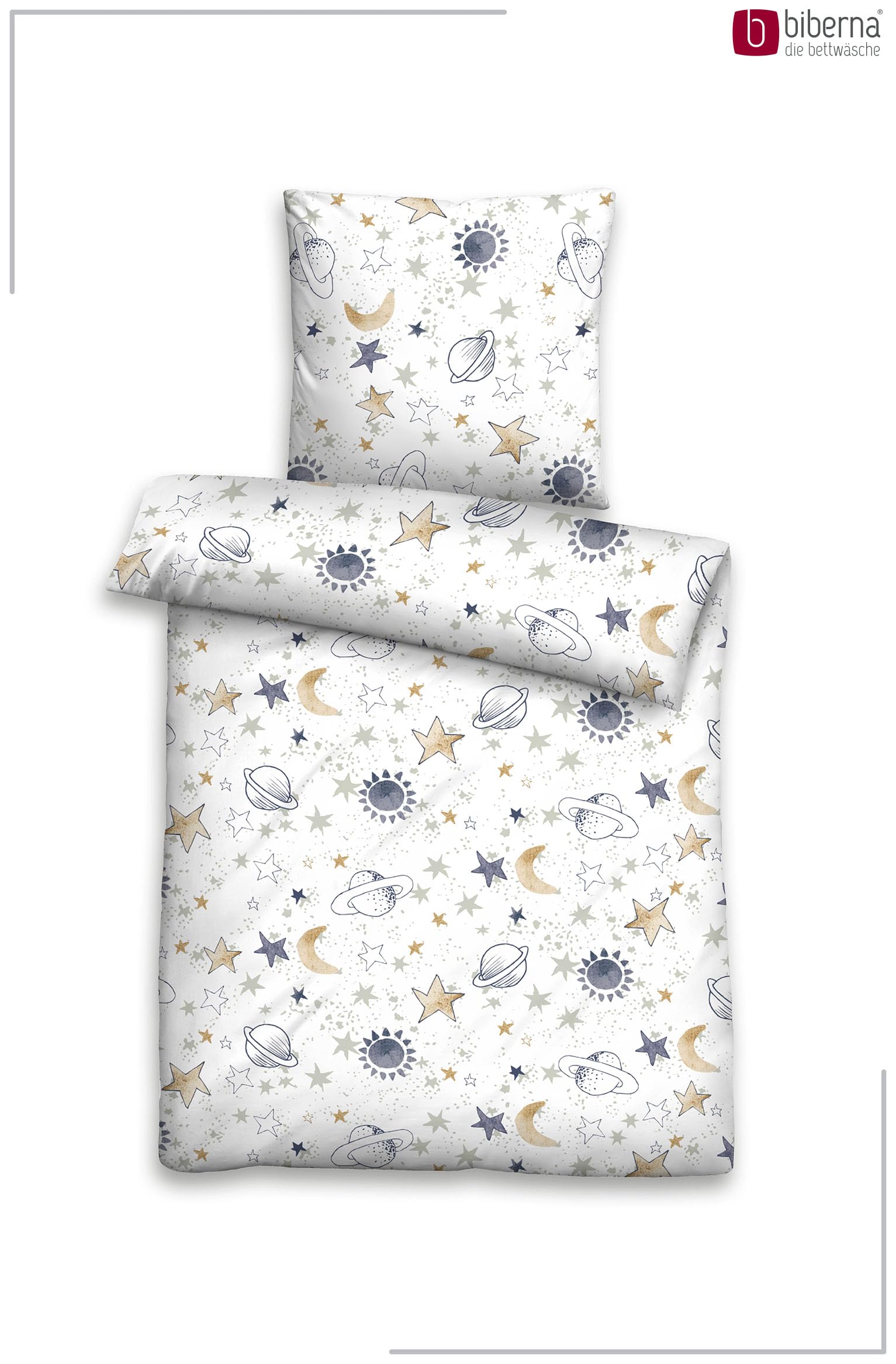 biberna Premium Biber Bettwäsche 135x200 cm weiß | Biber 2-teilig mit Kissenbezug 80x80 cm | 100% Baumwolle | weich, wärmend | Reißverschluss | Kinderbettwäsche | Universum | Modell 0004645