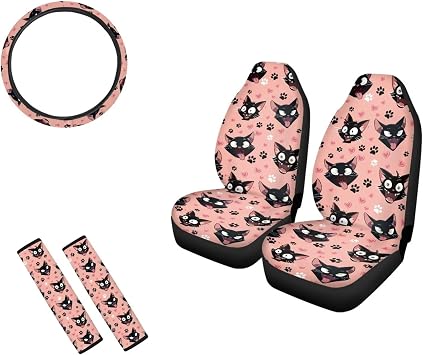 5 Pieces Black Cat Paw Print Car Accessories Sets Car Seat Covers Washable Steering Wheel Cover Soft Car Seat Belt Pad Cover Easy Clean Pink